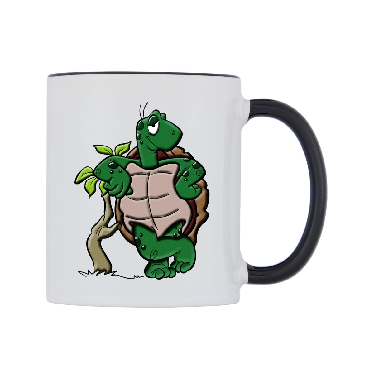 Cool Turtle Mug — white 11oz gloss mug with a black inside and handle, left side, on a white background