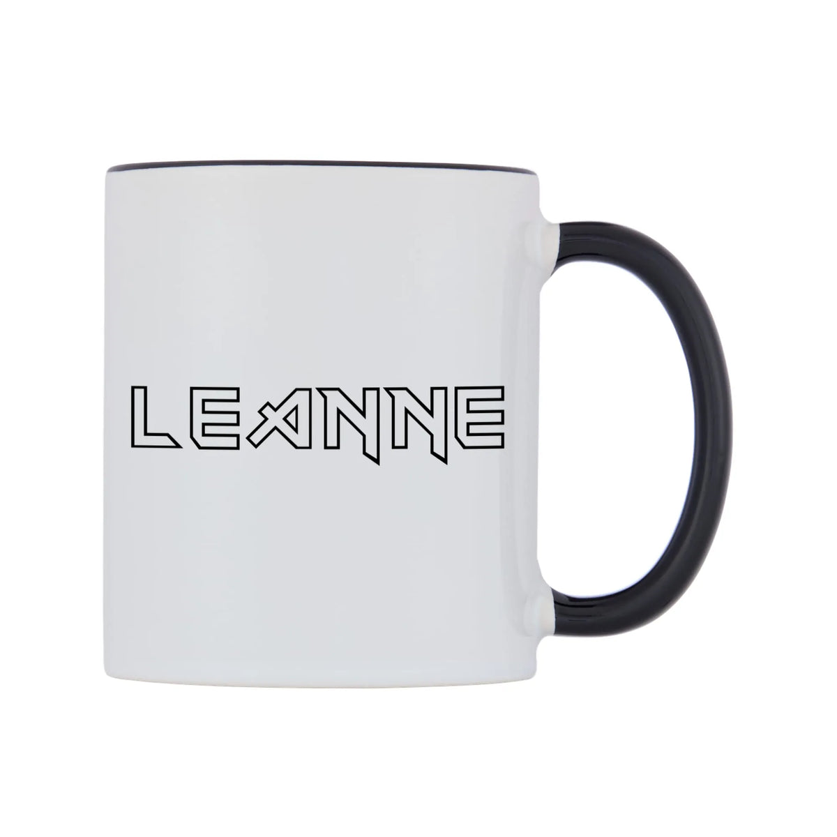 Leanne - Iron Maiden Themed Mug — white 11oz gloss mug with a black inside and handle, left side, on a white background