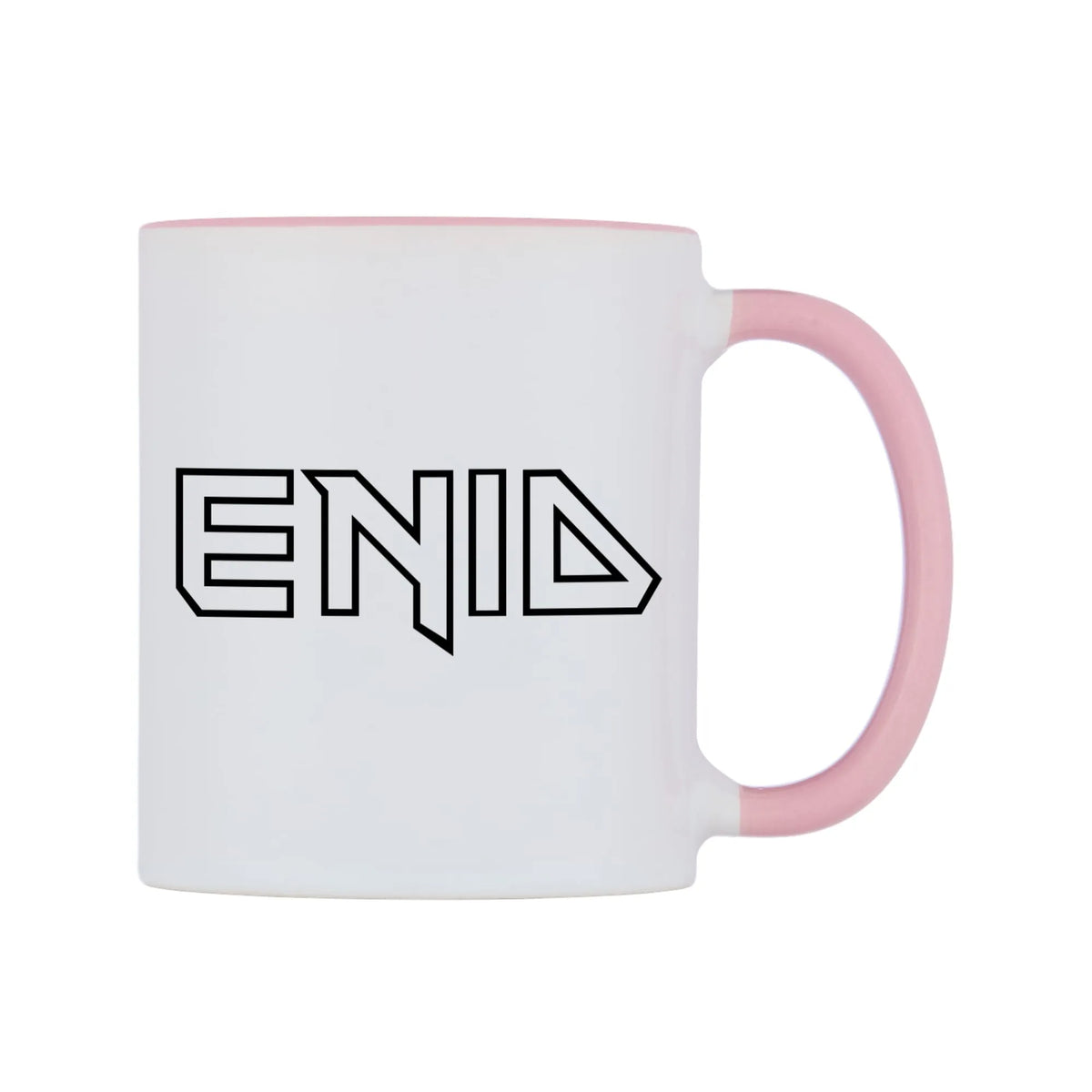 Enid - Iron Maiden Themed Mug — white 11oz gloss mug with a pink inside and handle, left side, on a white background