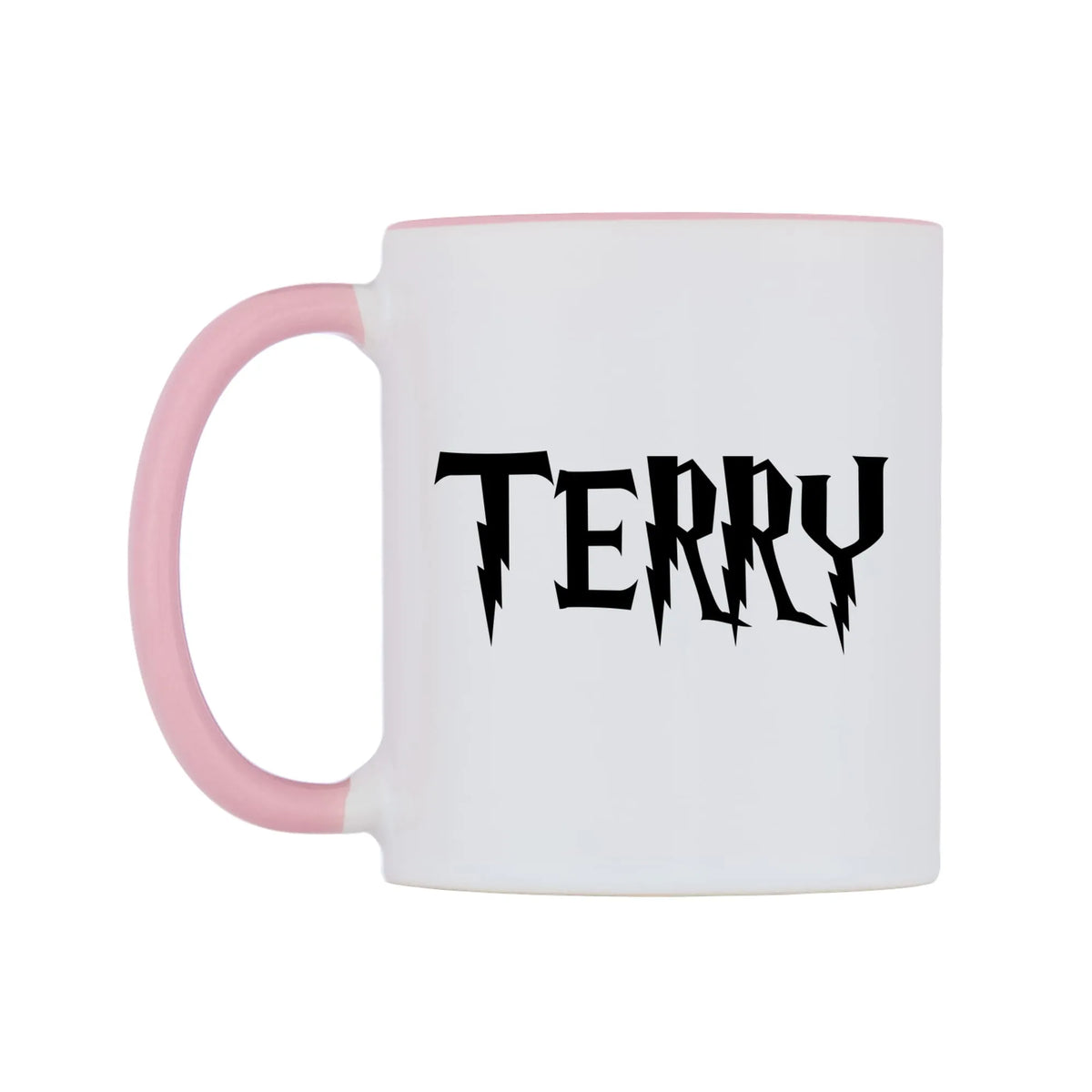 Terry - Wizard Themed Mug — white 11oz gloss mug with a pink inside and handle, right side, on a white background