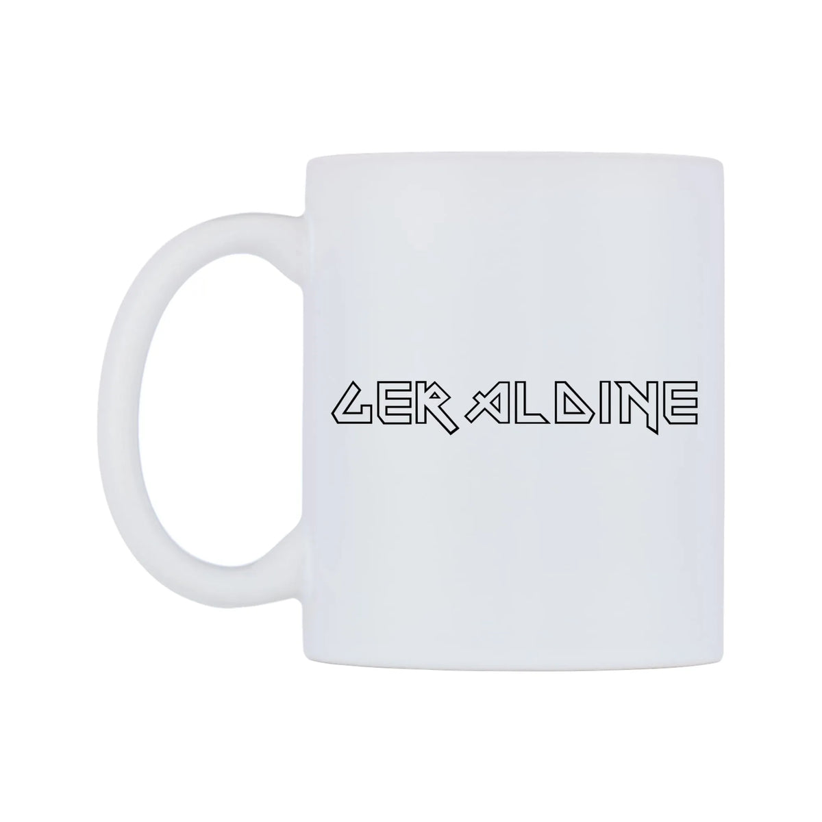 Geraldine - Iron Maiden Themed Mug — white 11oz gloss mug, right side, on a white background