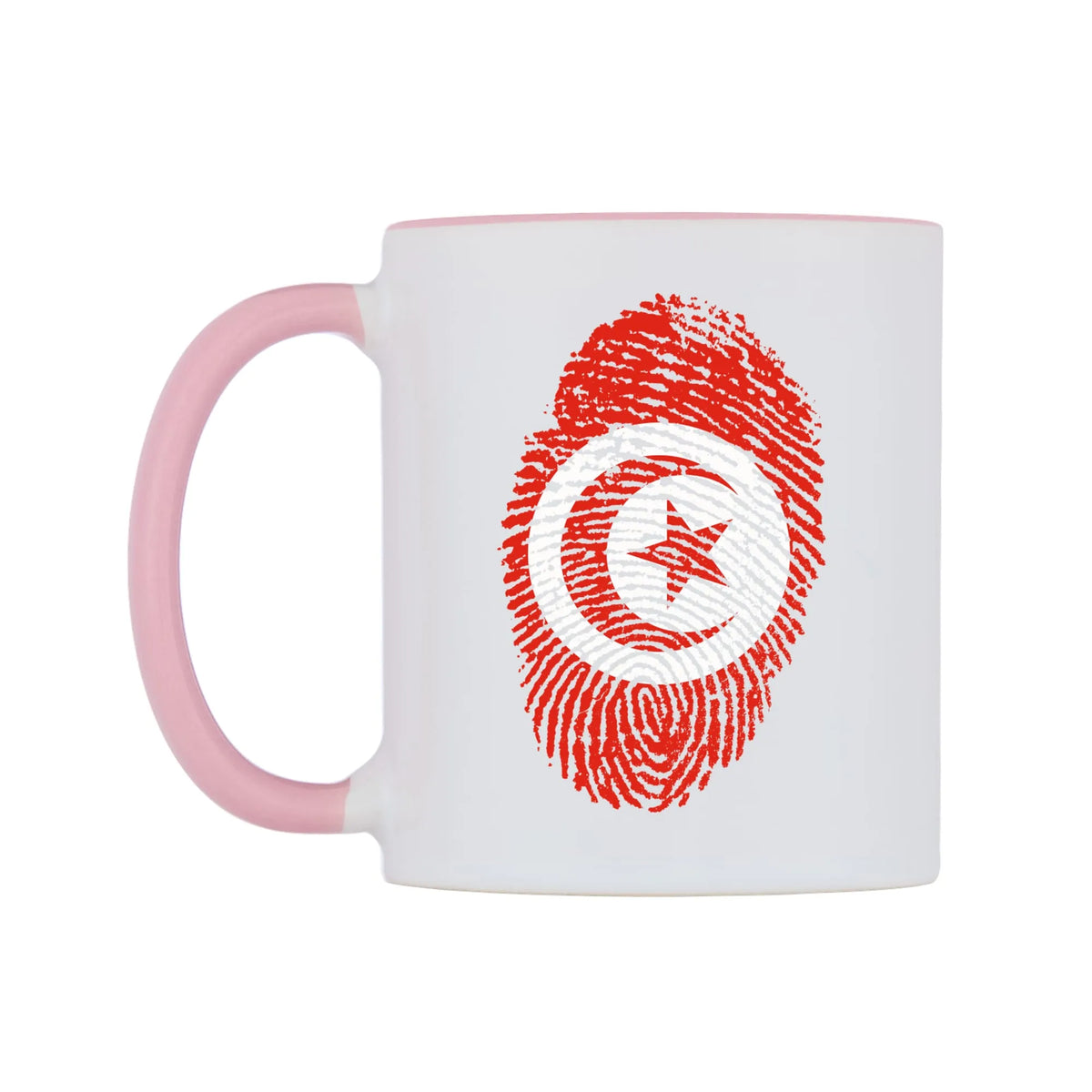 Tunisia Finger Print Flag Mug — white 11oz gloss mug with a pink inside and handle, right side, on a white background