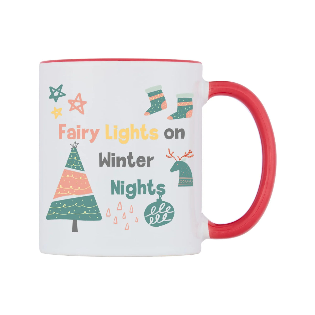 Fairy Lights on Winter Nights Mug — white 11oz gloss mug with a red inside and handle, left side, on a white background