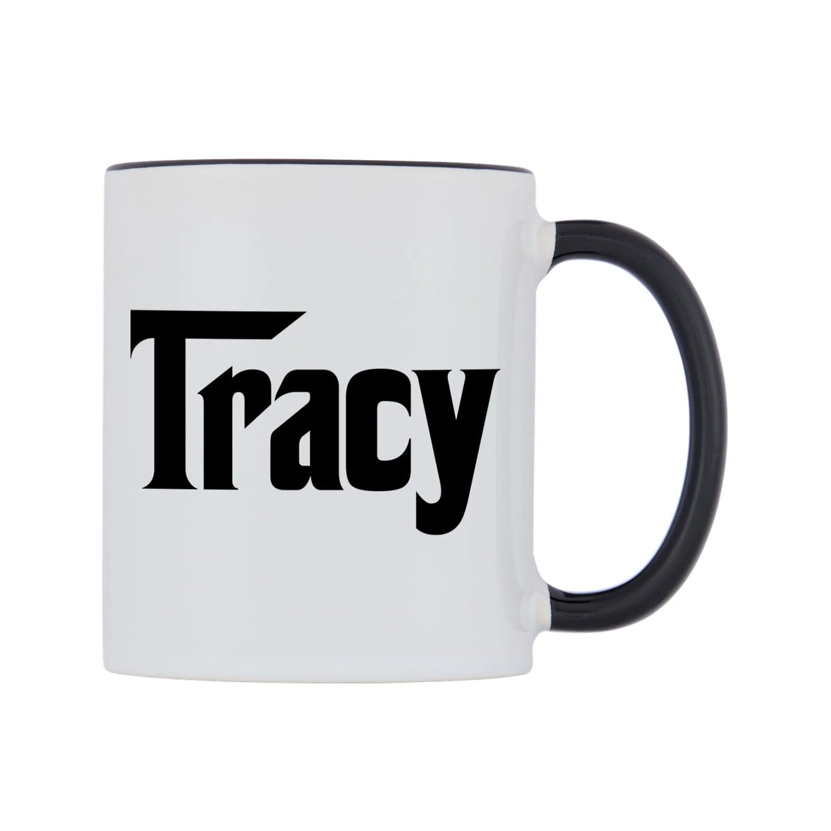 Tracy - Godfather Themed Mug — white 11oz gloss mug with a black inside and handle, left side, on a white background