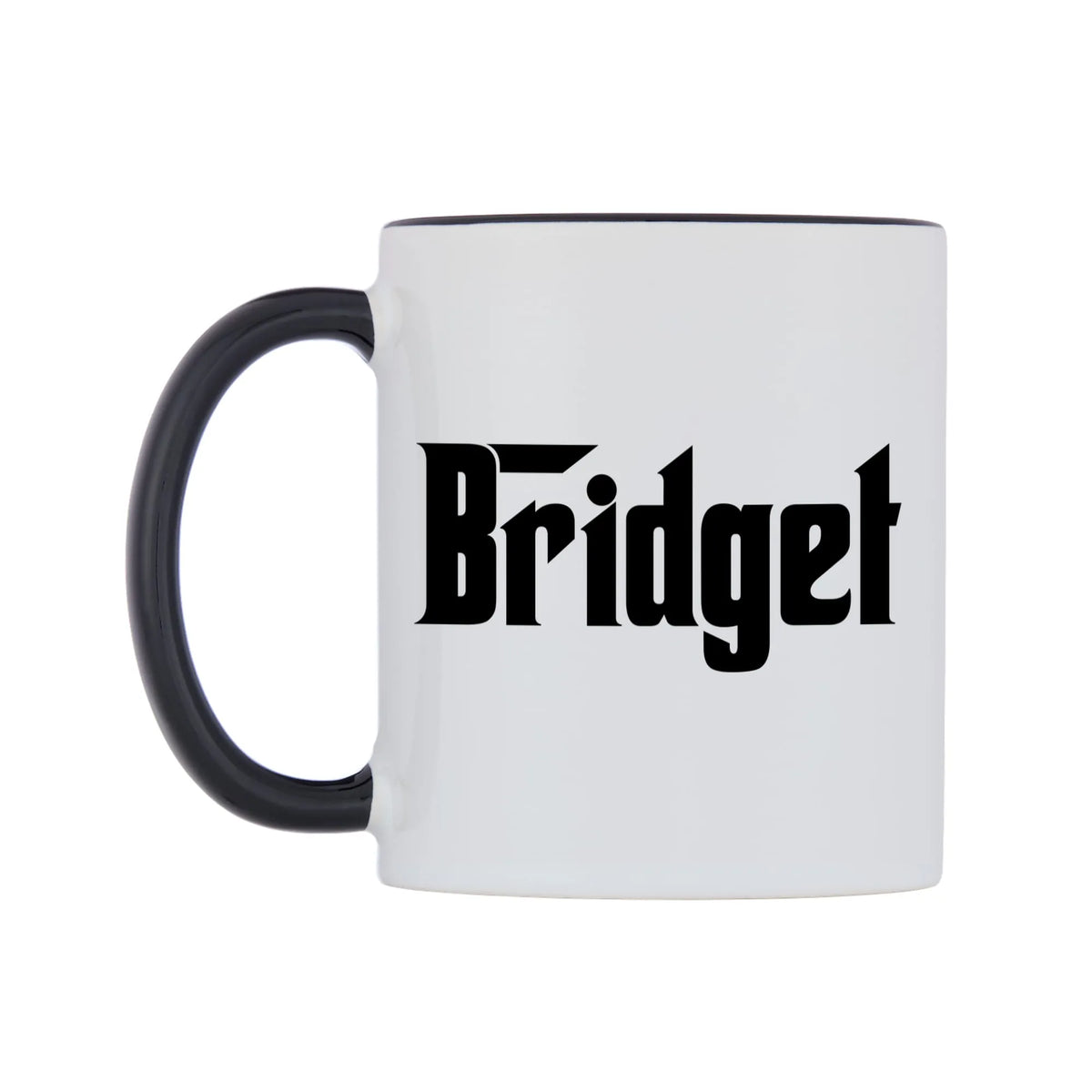 Bridget - Godfather Themed Mug — white 11oz gloss mug with a black inside and handle, right side, on a white background