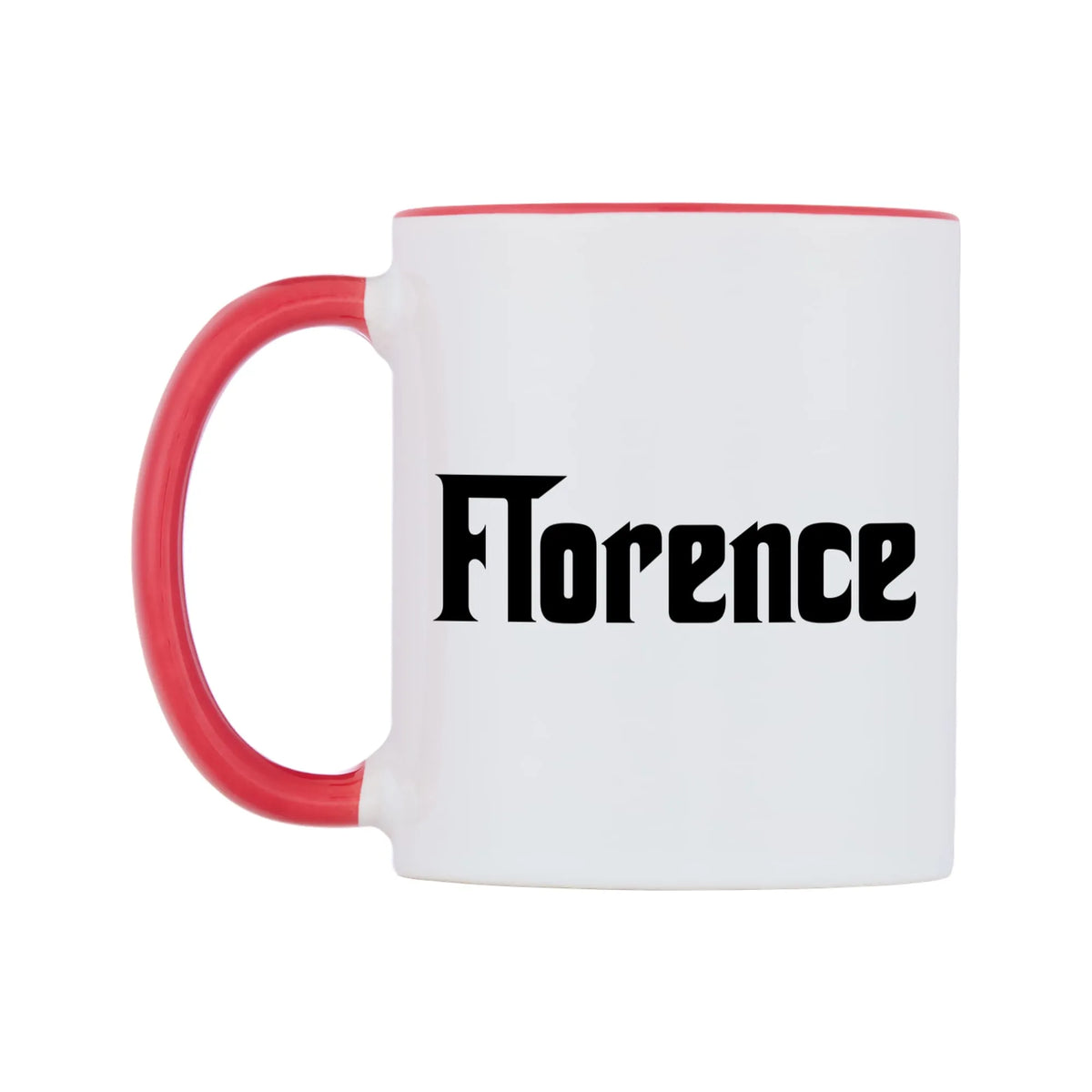 Florence - Godfather Themed Mug — white 11oz gloss mug with a red inside and handle, right side, on a white background