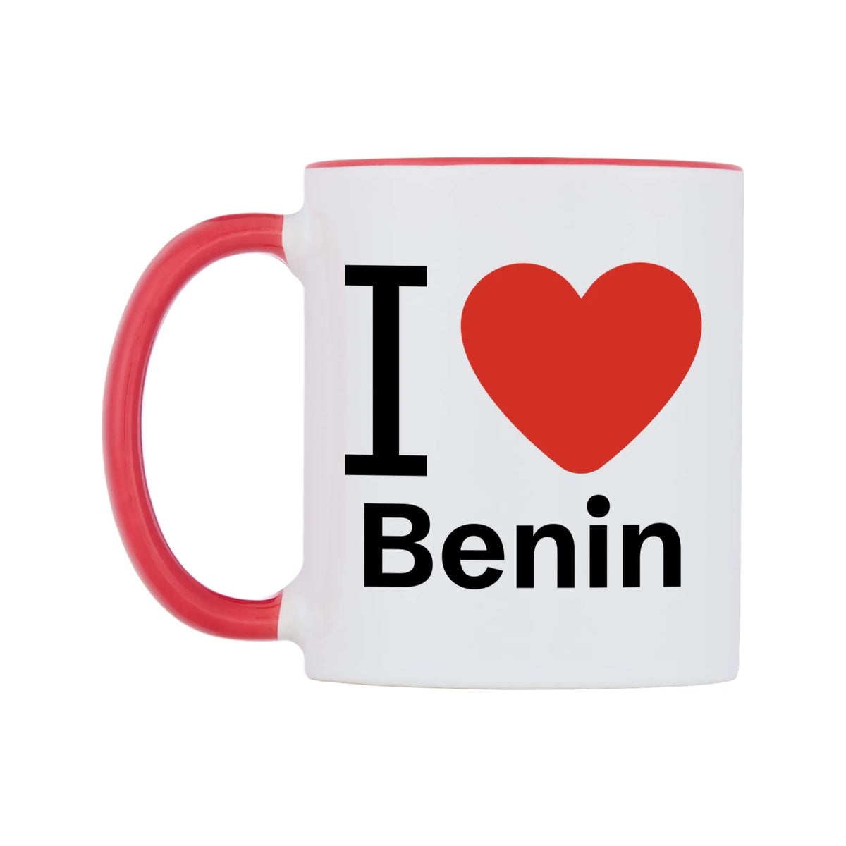 I Love Benin Mug — white 11oz gloss mug with a red inside and handle, right side, on a white background
