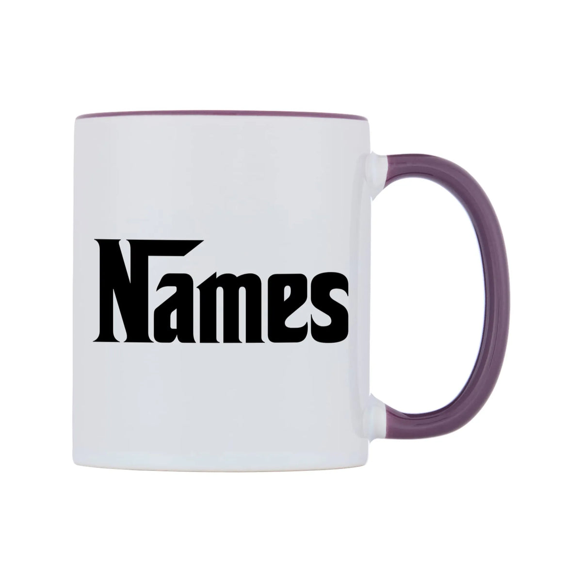 Personalised Godfather Themed Font Names Mug — white 11oz gloss mug with a purple inside and handle, left side, on a white background