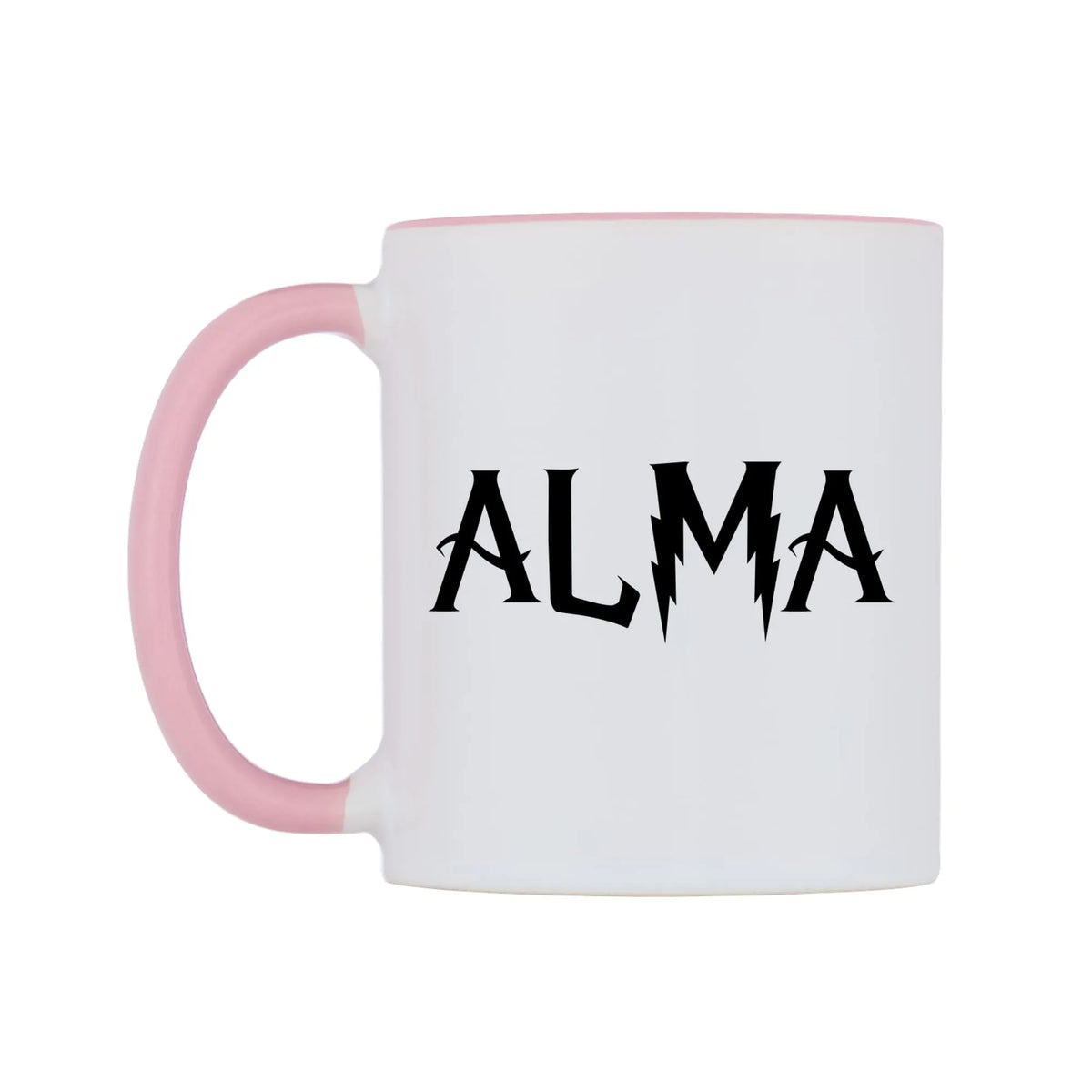 Alma - Wizard Themed Mug — white 11oz gloss mug with a pink inside and handle, right side, on a white background