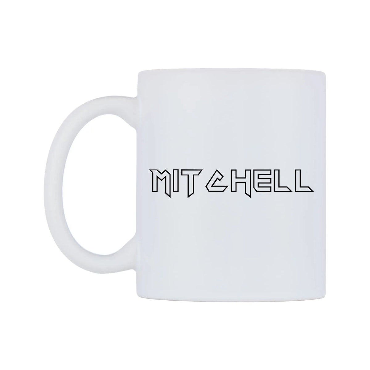 Mitchell - Iron Maiden Themed Mug — white 11oz gloss mug, right side, on a white background