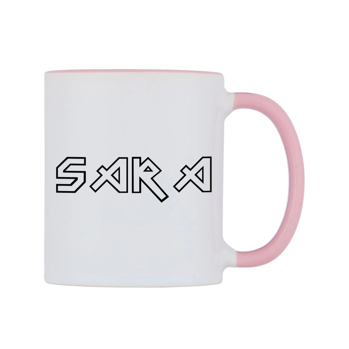 Sara - Iron Maiden Themed Mug — white 11oz gloss mug with a pink inside and handle, left side, on a white background