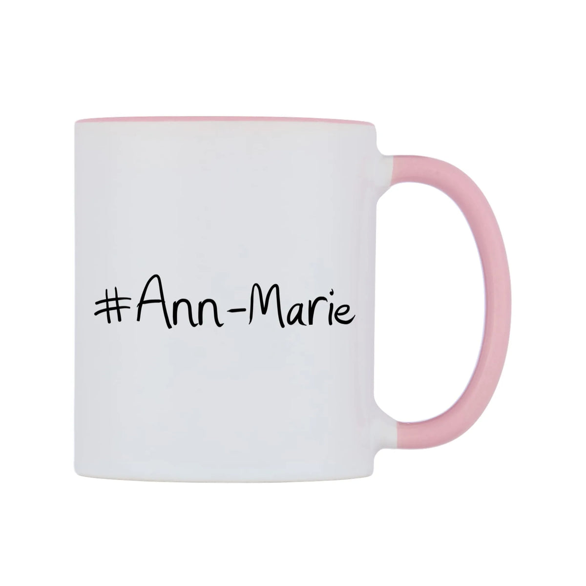 Ann-Marie Mug — white 11oz gloss mug with a pink inside and handle, left side, on a white background