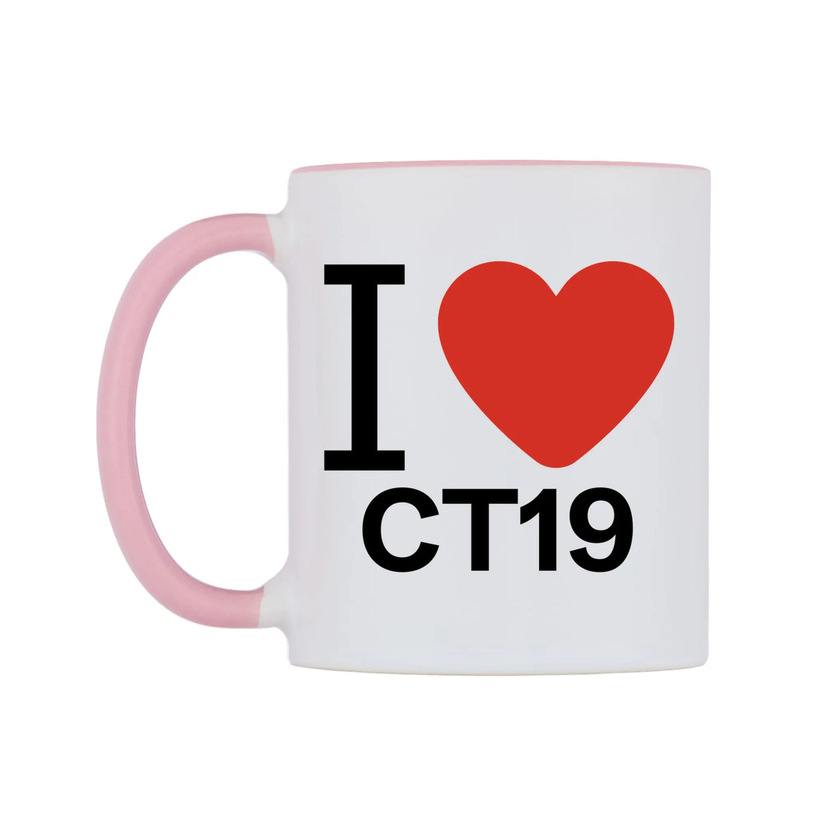 I Love CT19 Mug — white 11oz gloss mug with a pink inside and handle, right side, on a white background