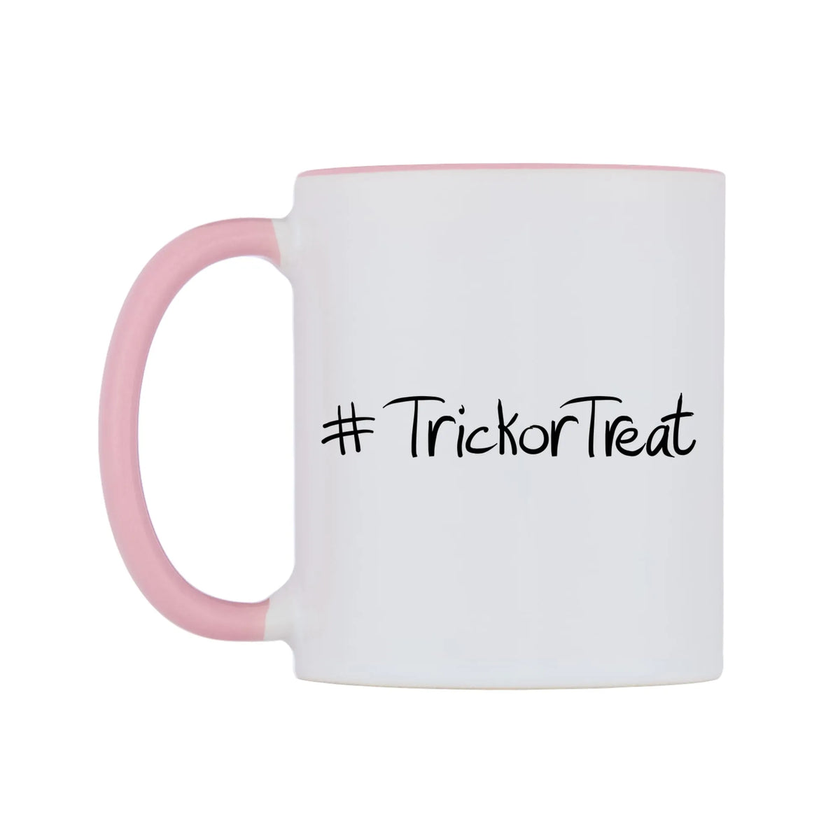 TrickorTreat Mug — white 11oz gloss mug with a pink inside and handle, right side, on a white background