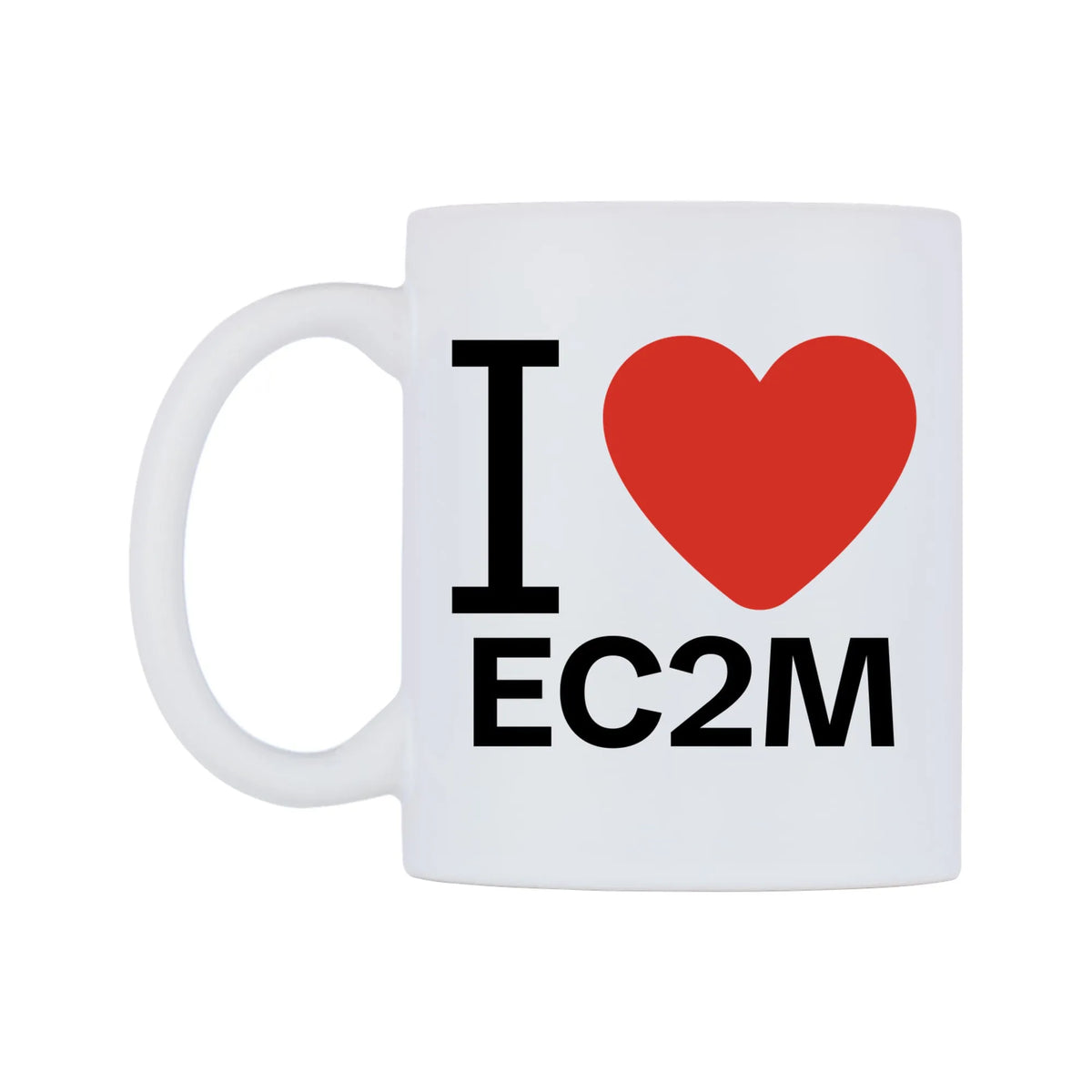 I Love EC2M Mug — white 11oz gloss mug, right side, on a white background