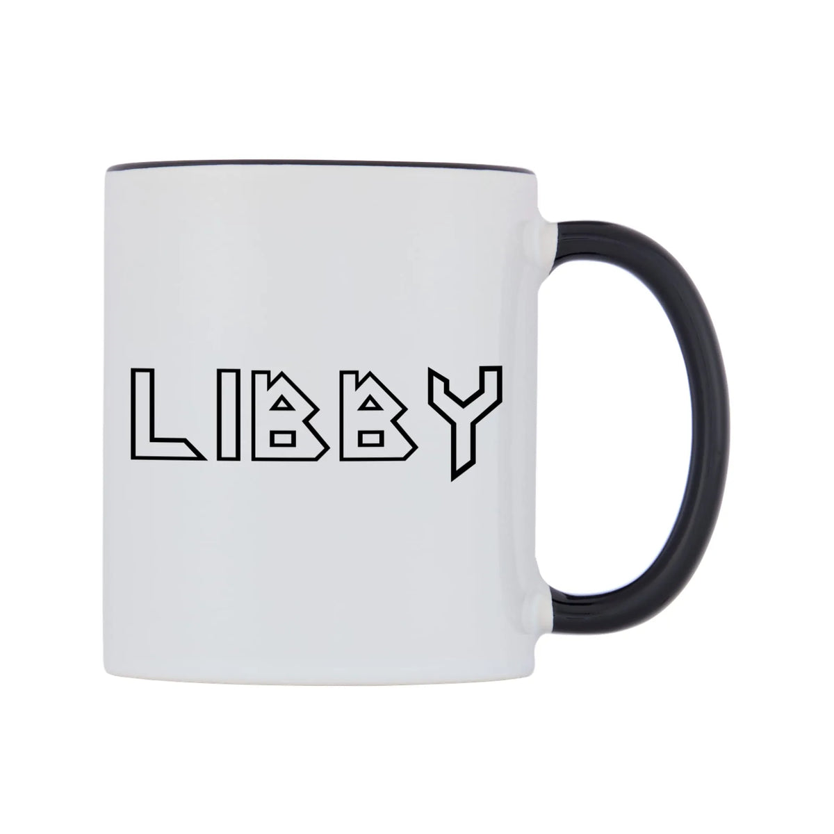 Libby - Iron Maiden Themed Mug — white 11oz gloss mug with a black inside and handle, left side, on a white background