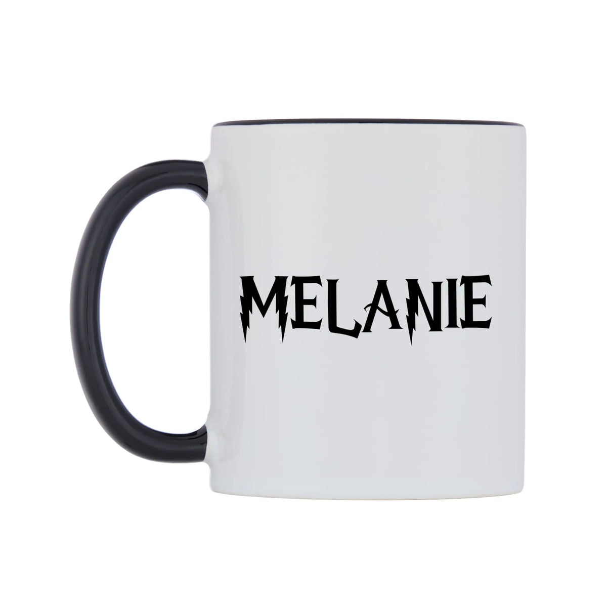 Melanie - Wizard Themed Mug — white 11oz gloss mug with a black inside and handle, right side, on a white background