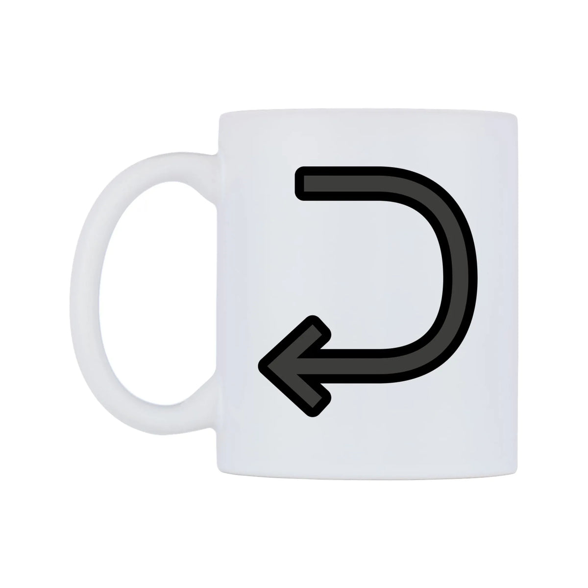 Right Arrow Curving Left Emoji Mug — mug, right side, on a white background