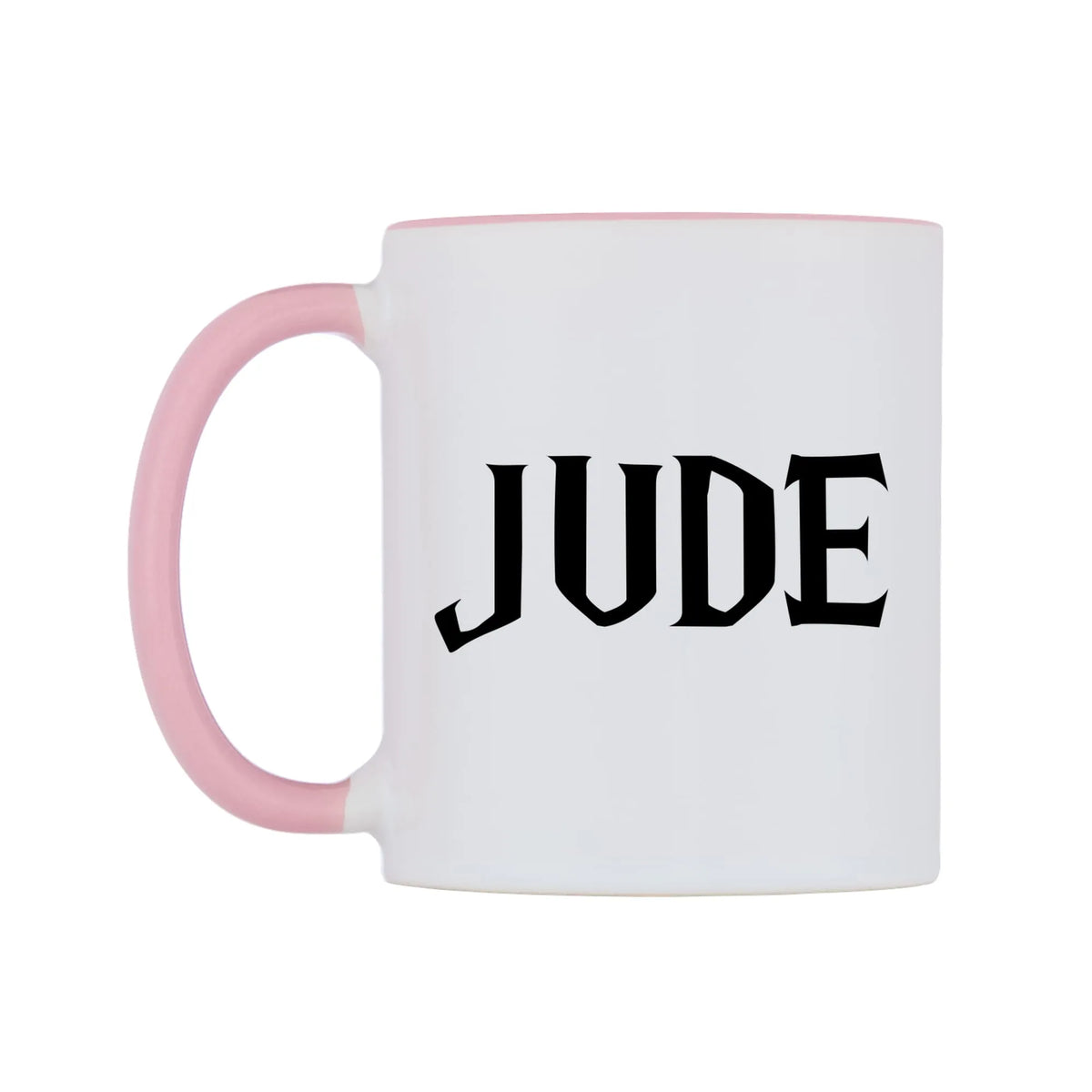 Jude - Wizard Themed Mug — white 11oz gloss mug with a pink inside and handle, right side, on a white background