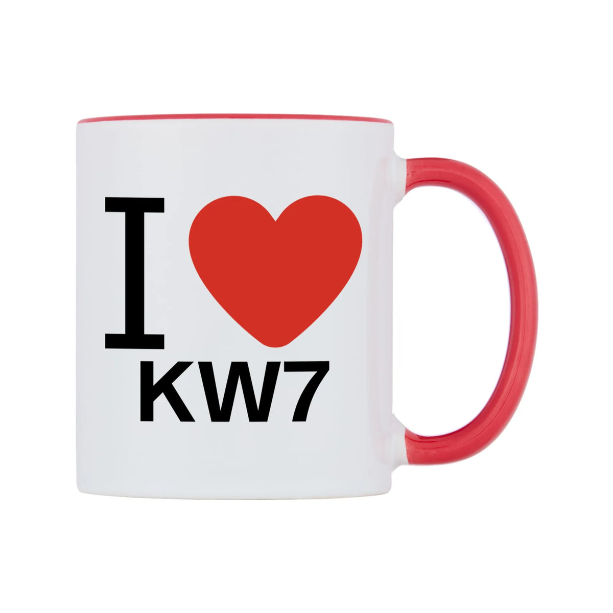 I Love KW7 Mug — white 11oz gloss mug with a red inside and handle, left side, on a white background