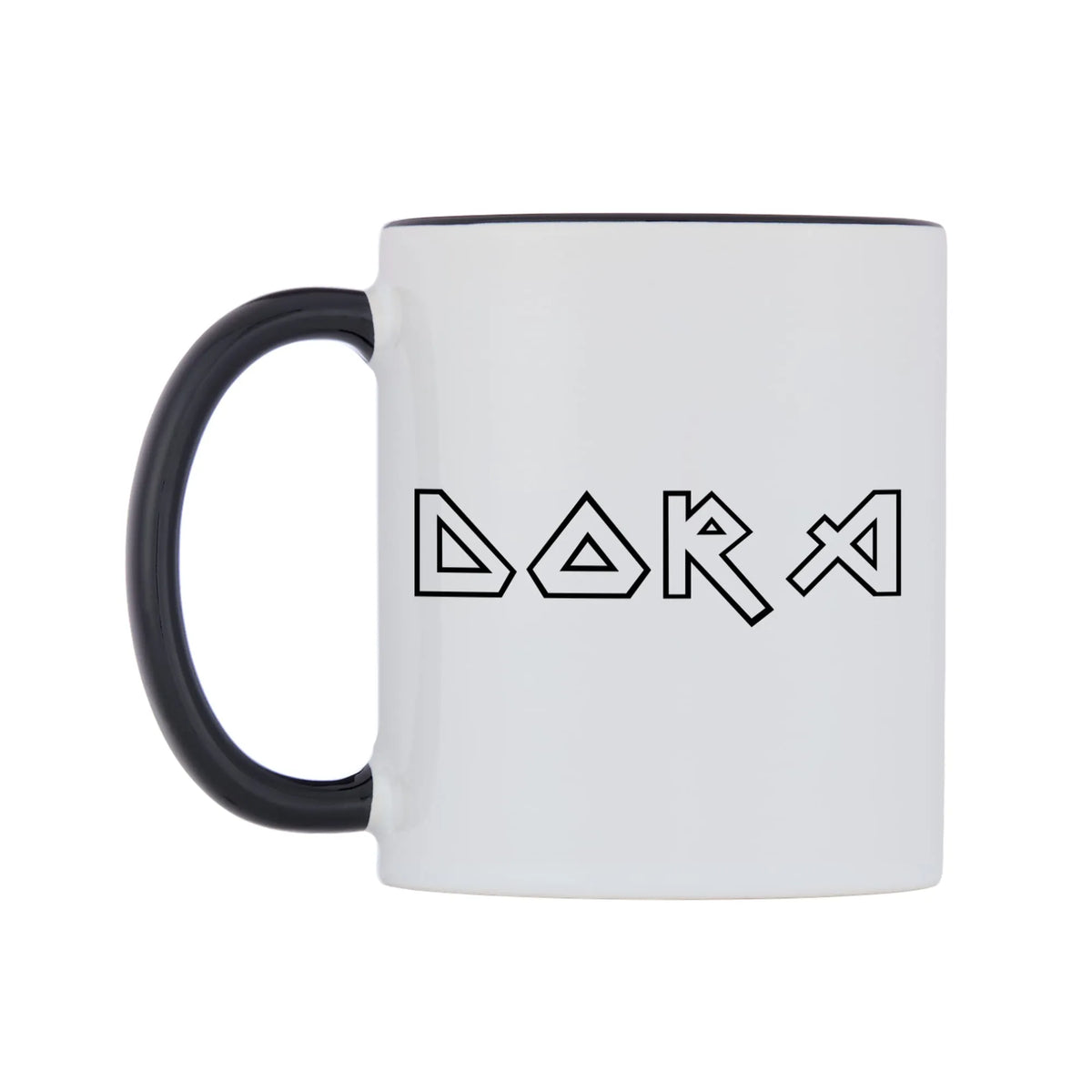 Dora - Iron Maiden Themed Mug — white 11oz gloss mug with a black inside and handle, right side, on a white background