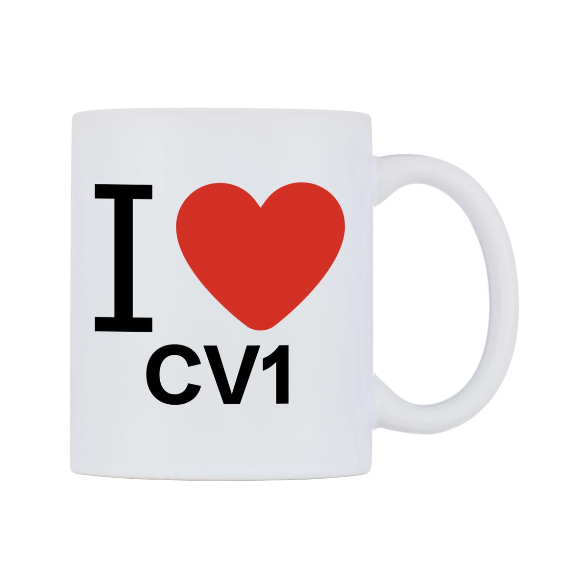 I Love CV1 Mug — white 11oz gloss mug, left side, on a white background