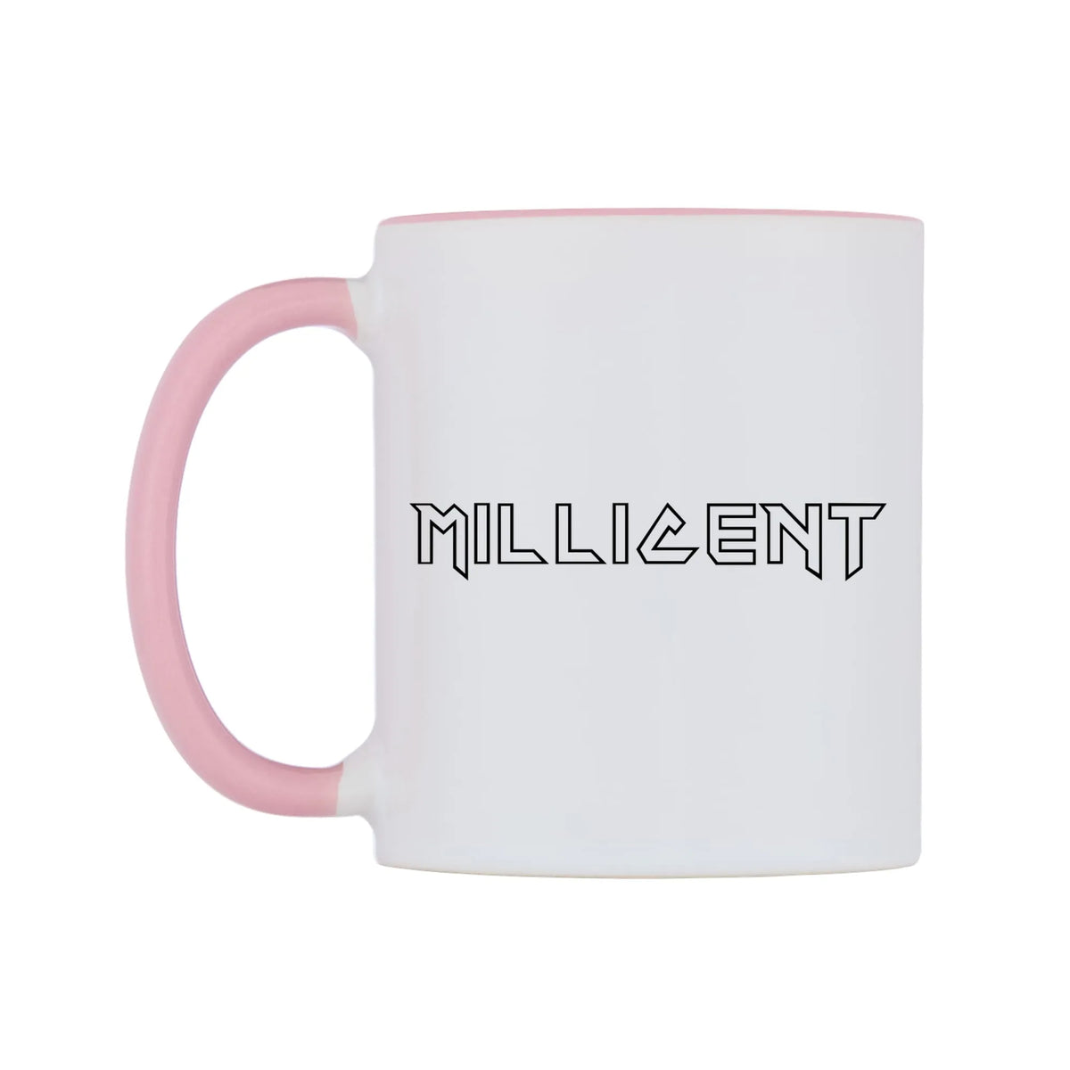 Millicent - Iron Maiden Themed Mug — white 11oz gloss mug with a pink inside and handle, right side, on a white background