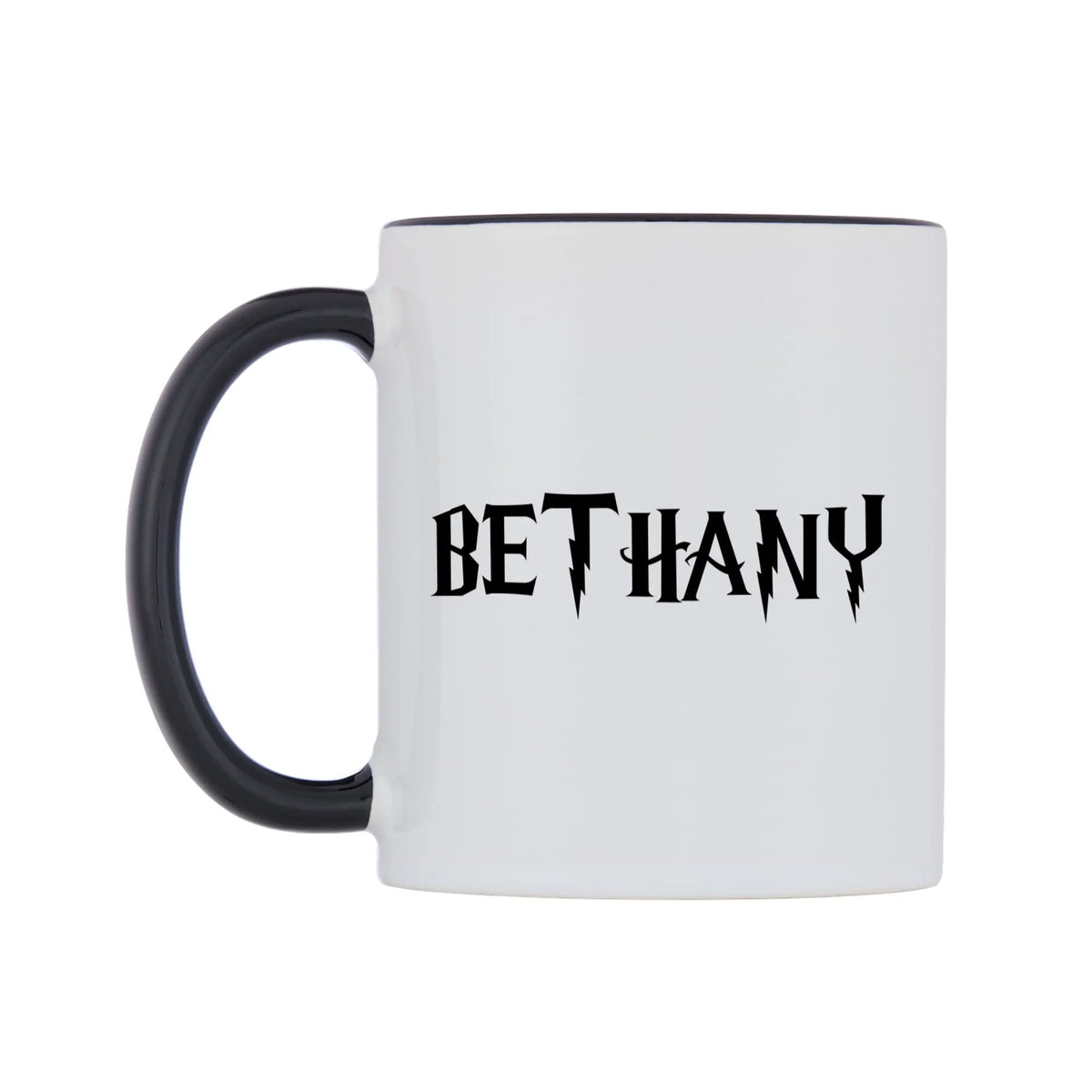 Bethany - Wizard Themed Mug — white 11oz gloss mug with a black inside and handle, right side, on a white background