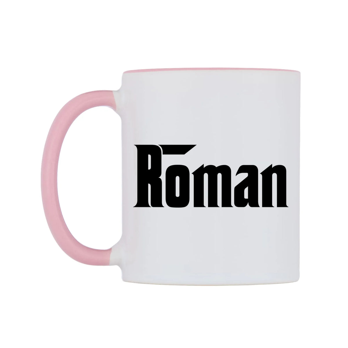 Roman - Godfather Themed Mug — white 11oz gloss mug with a pink inside and handle, right side, on a white background