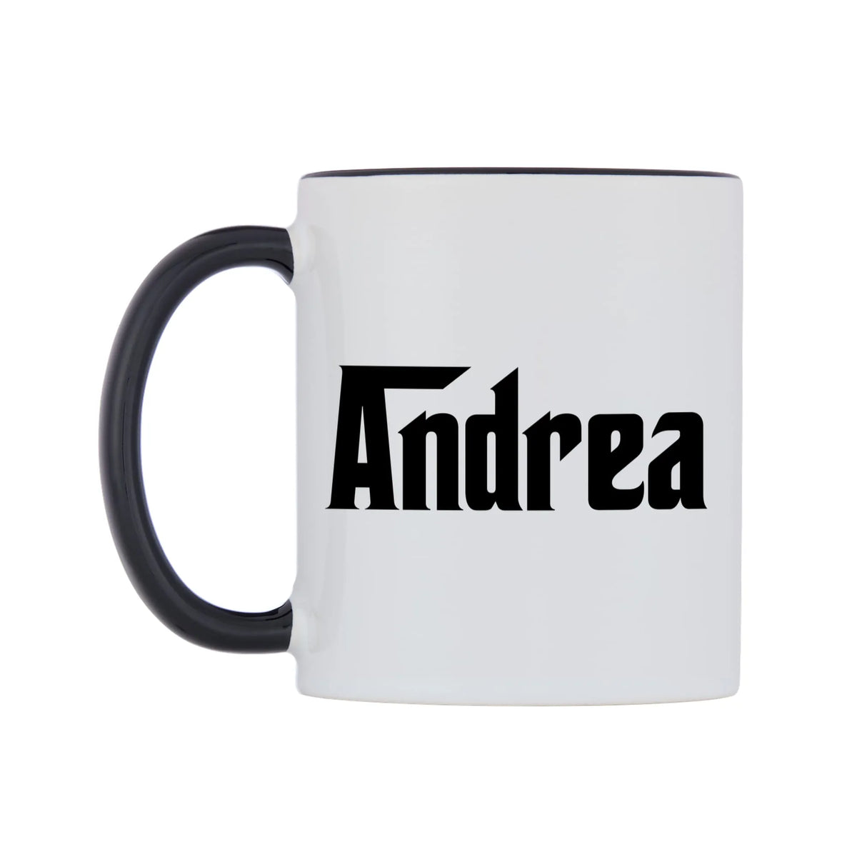 Andrea - Godfather Themed Mug — white 11oz gloss mug with a black inside and handle, right side, on a white background