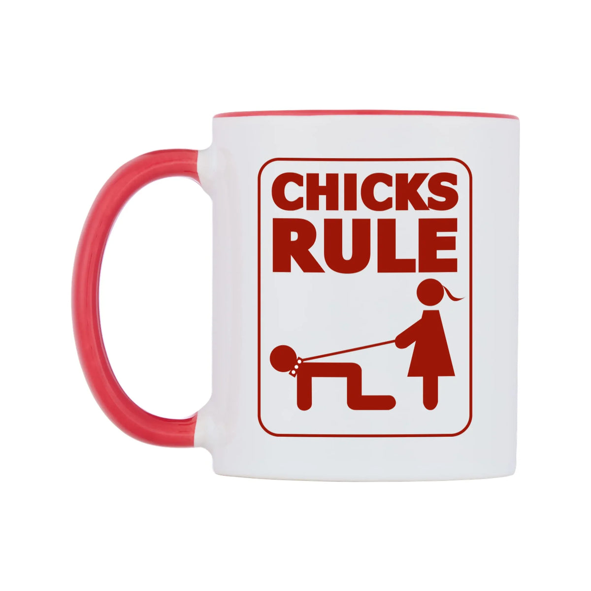 Chicks Rule Mug — white 11oz gloss mug with a red inside and handle, right side, on a white background