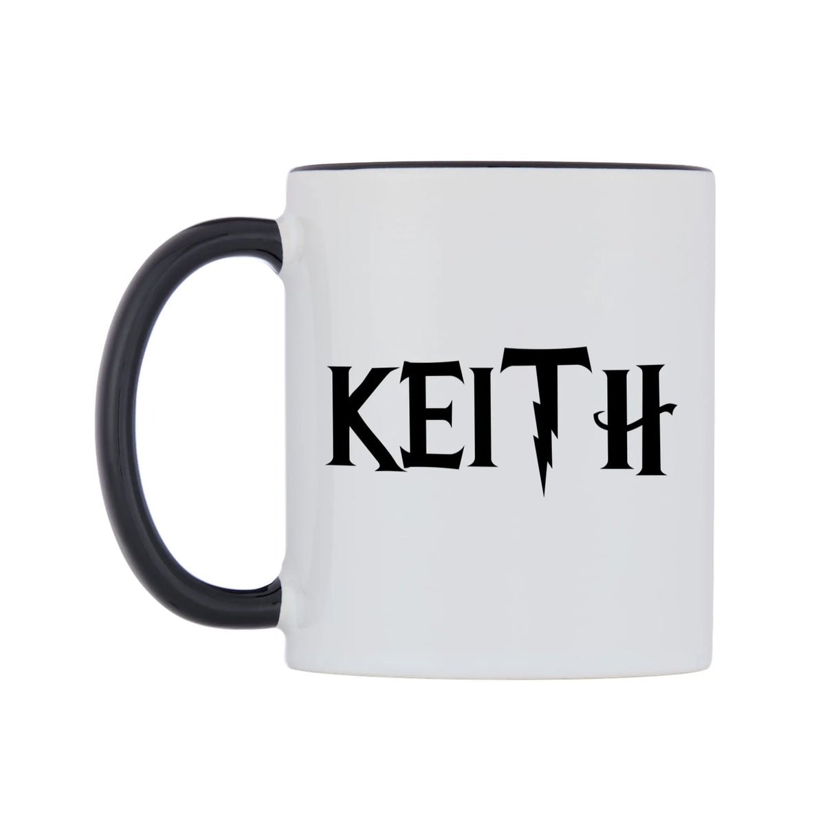 Keith - Wizard Themed Mug — white 11oz gloss mug with a black inside and handle, right side, on a white background