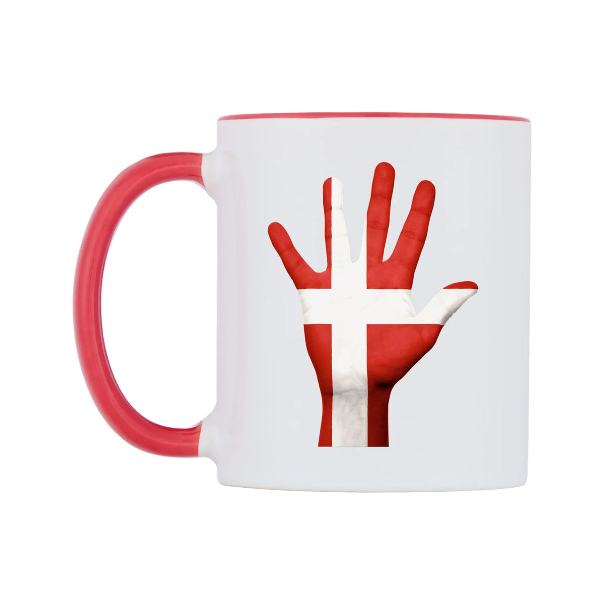 Denmark Hand Flag Mug — white 11oz gloss mug with a red inside and handle, right side, on a white background