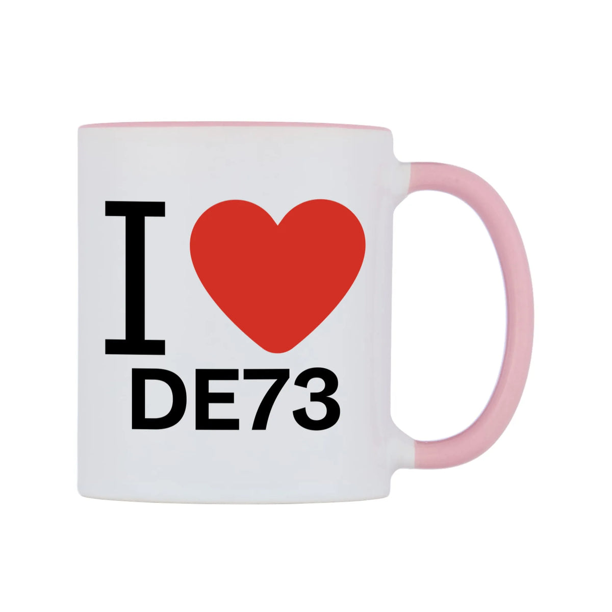I Love DE73 Mug — white 11oz gloss mug with a pink inside and handle, left side, on a white background