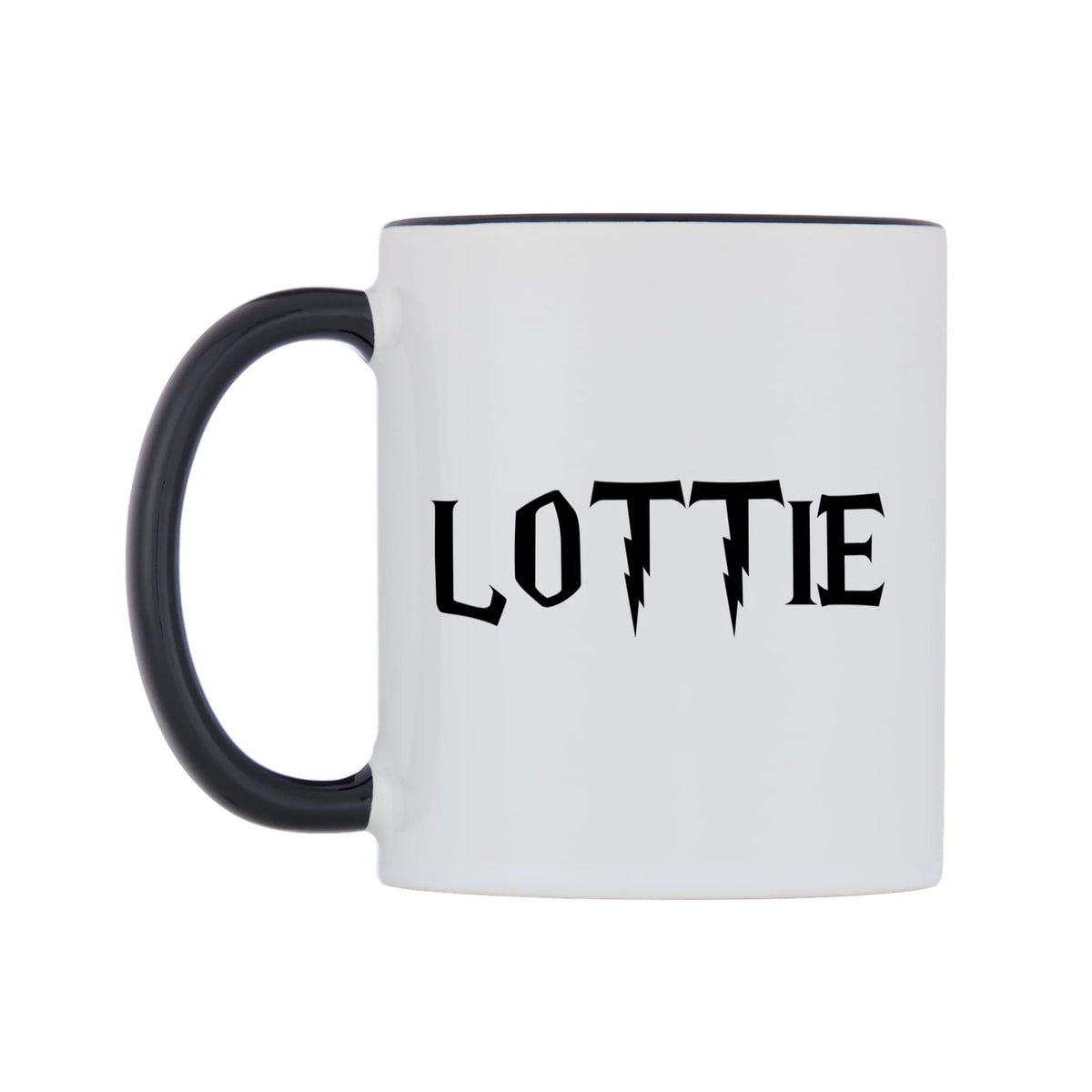 Lottie - Wizard Themed Mug — white 11oz gloss mug with a black inside and handle, right side, on a white background