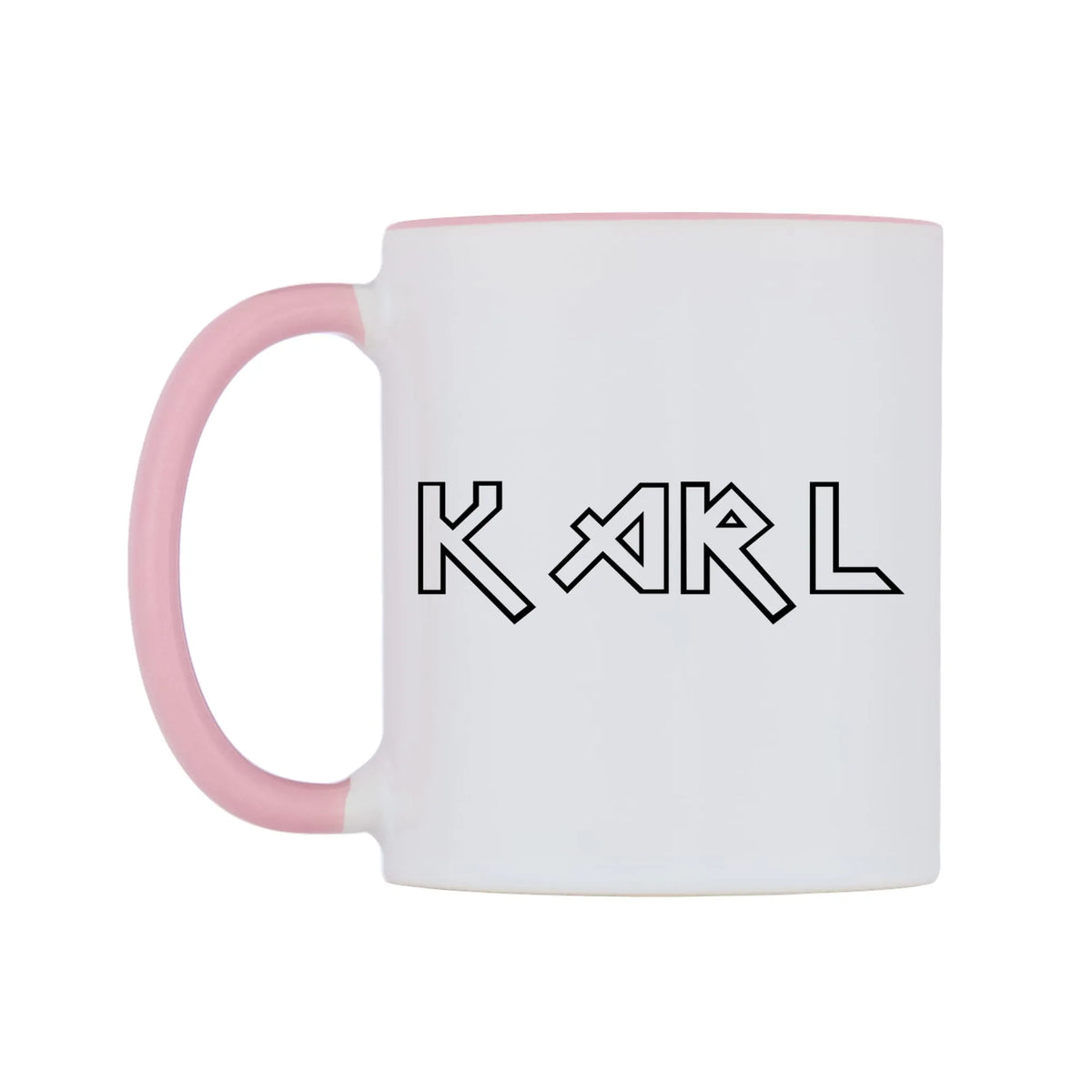 Karl - Iron Maiden Themed Mug — white 11oz gloss mug with a pink inside and handle, right side, on a white background