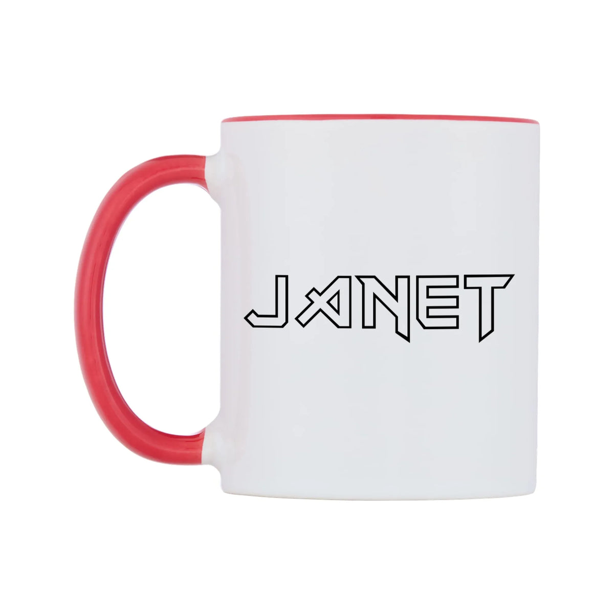 Janet - Iron Maiden Themed Mug — white 11oz gloss mug with a red inside and handle, right side, on a white background
