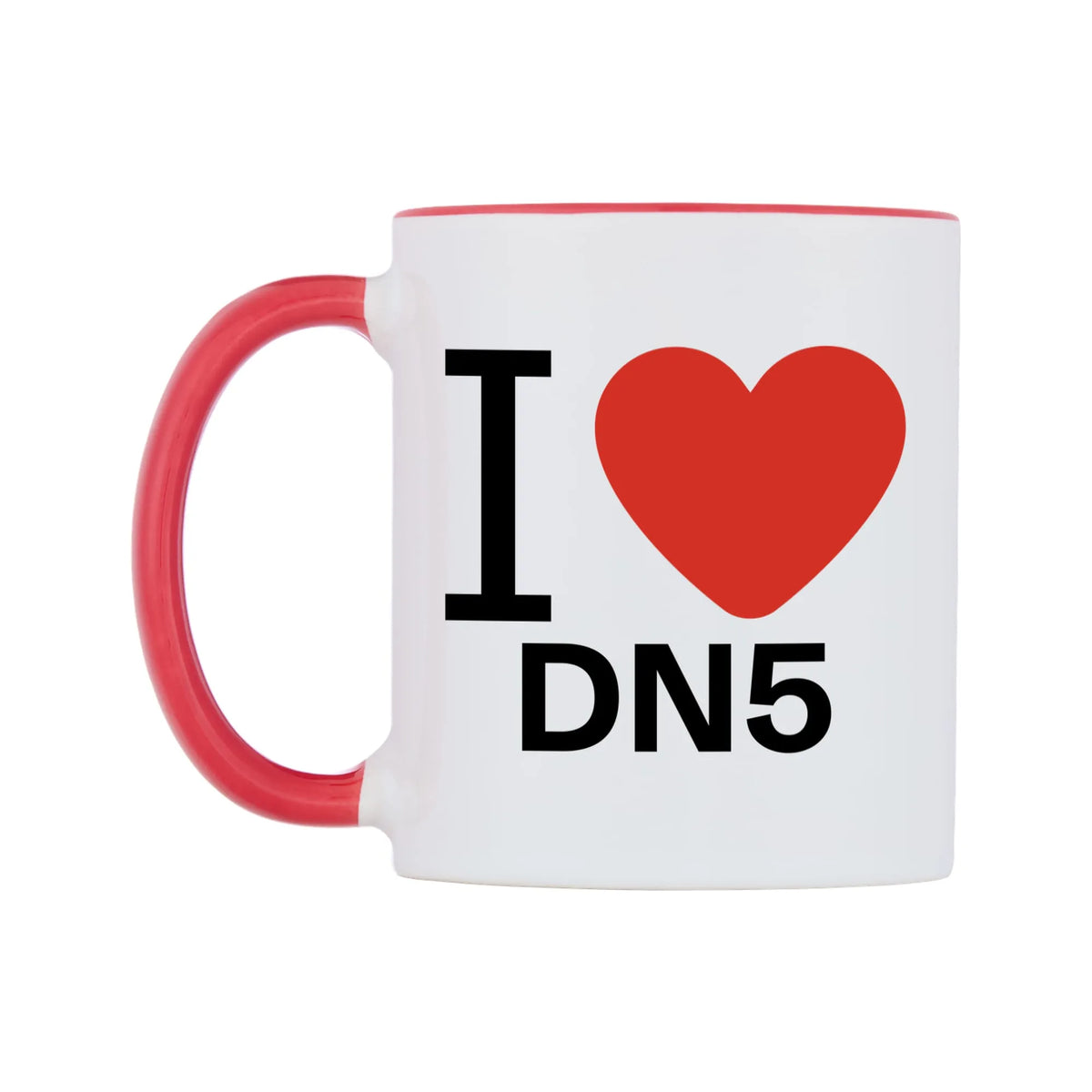I Love DN5 Mug — white 11oz gloss mug with a red inside and handle, right side, on a white background