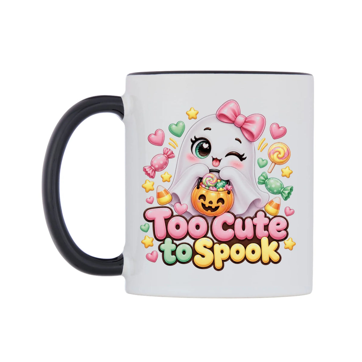 Too Cute to Spook Mug — white 11oz gloss mug with a black inside and handle, right side, on a white background