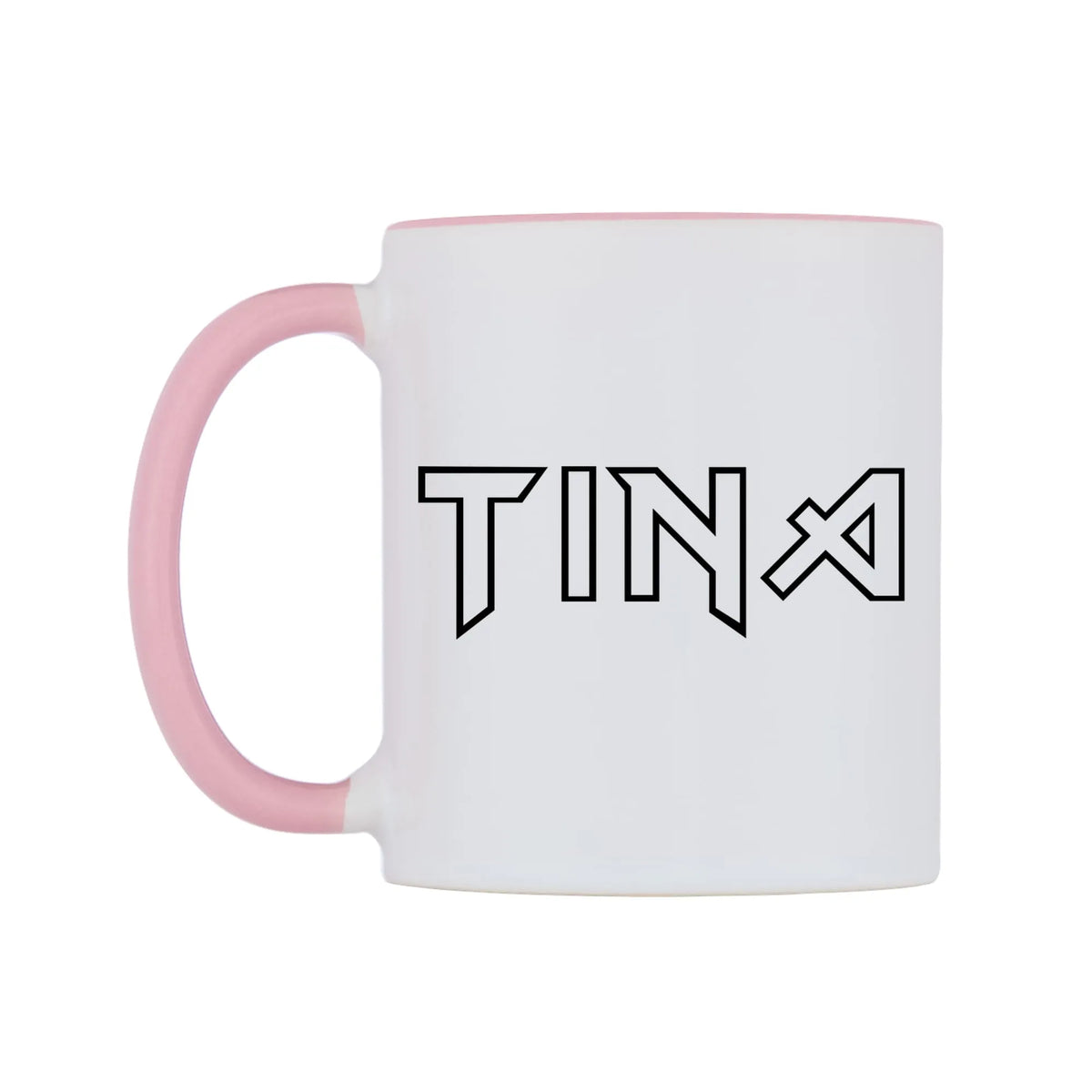 Tina - Iron Maiden Themed Mug — white 11oz gloss mug with a pink inside and handle, right side, on a white background