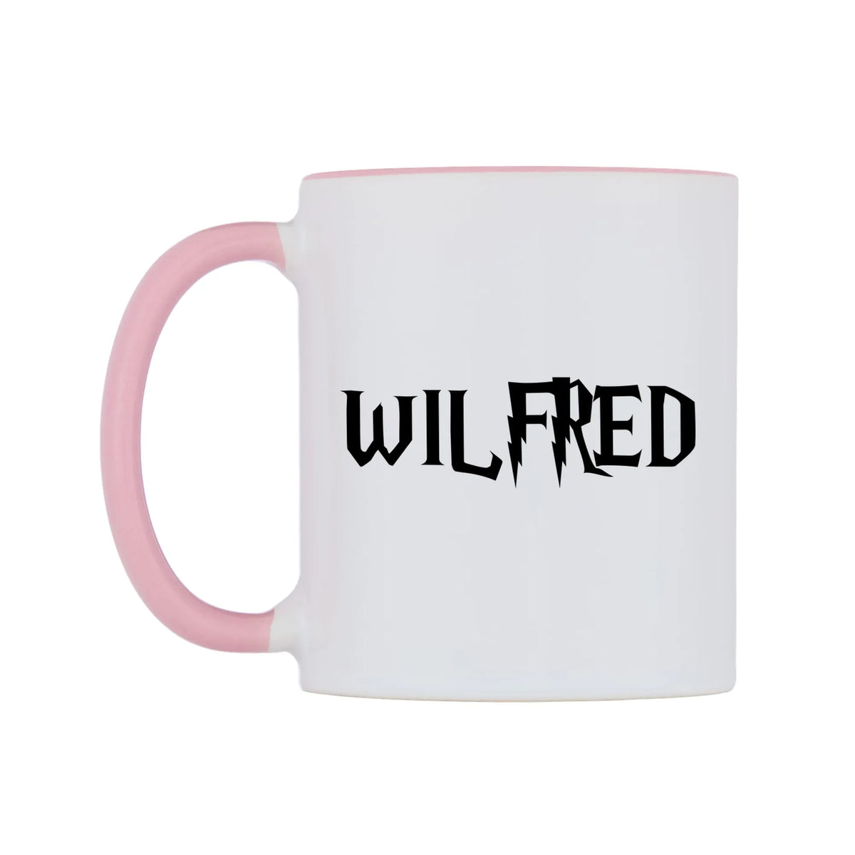 Wilfred - Wizard Themed Mug — white 11oz gloss mug with a pink inside and handle, right side, on a white background