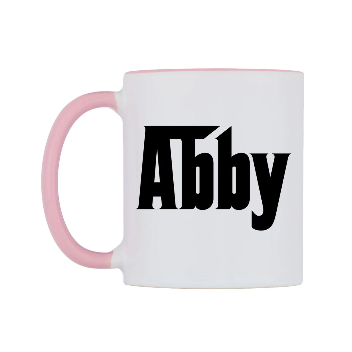 Abby - Godfather Themed Mug — white 11oz gloss mug with a pink inside and handle, right side, on a white background