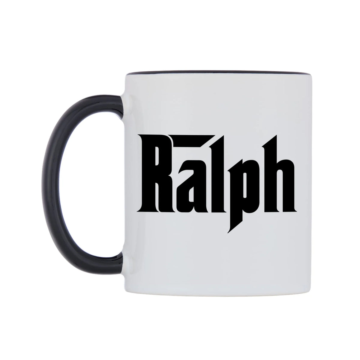 Ralph - Godfather Themed Mug — white 11oz gloss mug with a black inside and handle, right side, on a white background