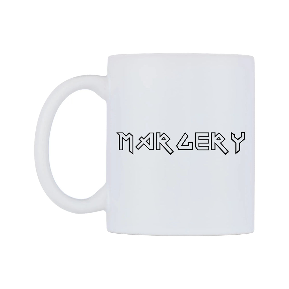 Margery - Iron Maiden Themed Mug — white 11oz gloss mug, right side, on a white background