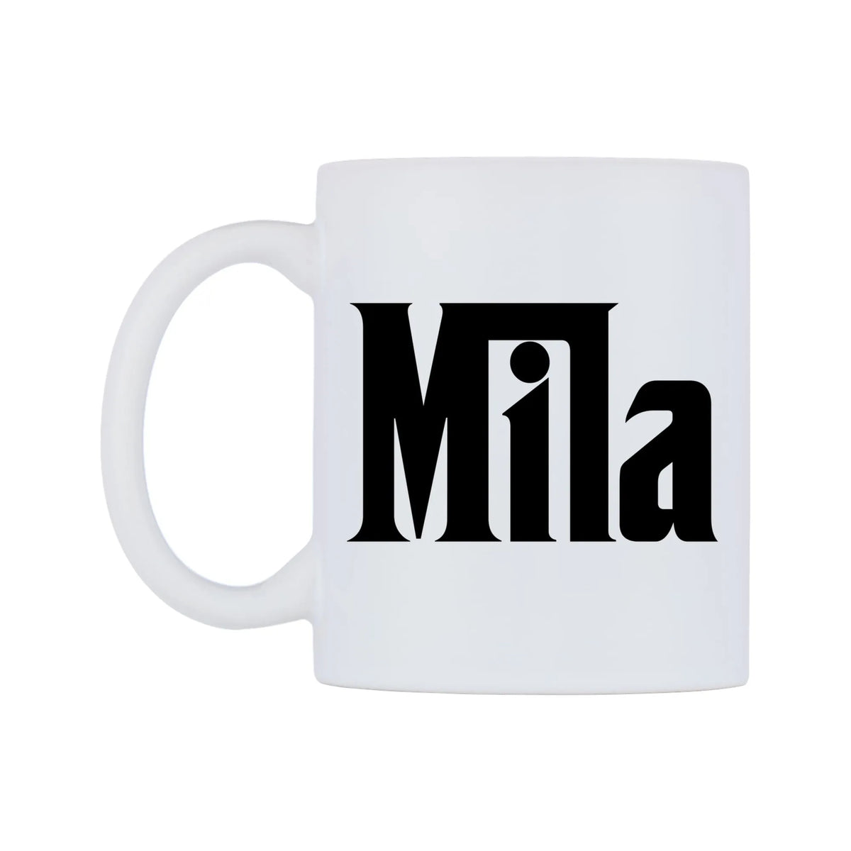 Mila - Godfather Themed Mug — white 11oz gloss mug, right side, on a white background