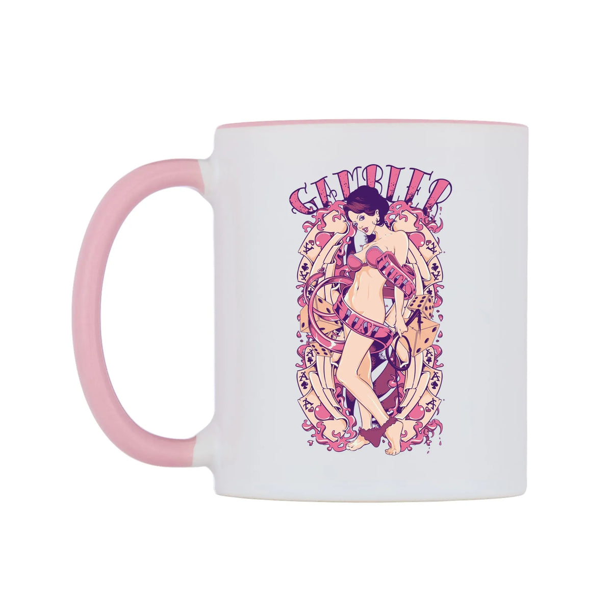 Gambler of Luck and Lust Mug — white 11oz gloss mug with a pink inside and handle, right side, on a white background