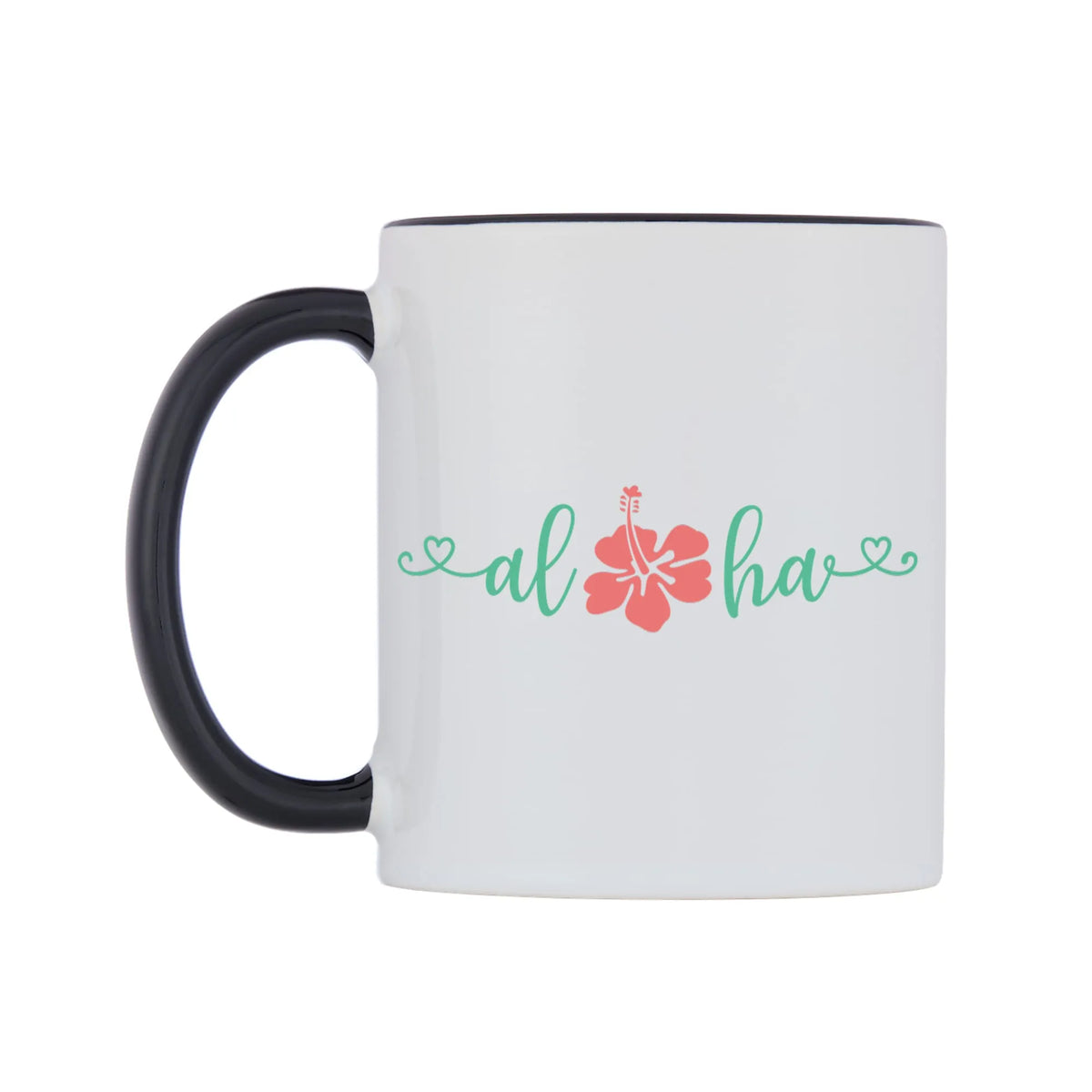 Aloha Mug — white 11oz gloss mug with a black inside and handle, right side, on a white background