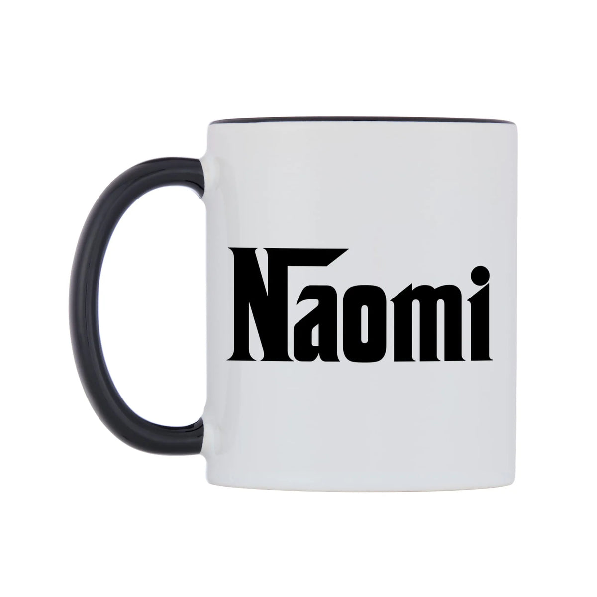 Naomi - Godfather Themed Mug — white 11oz gloss mug with a black inside and handle, right side, on a white background