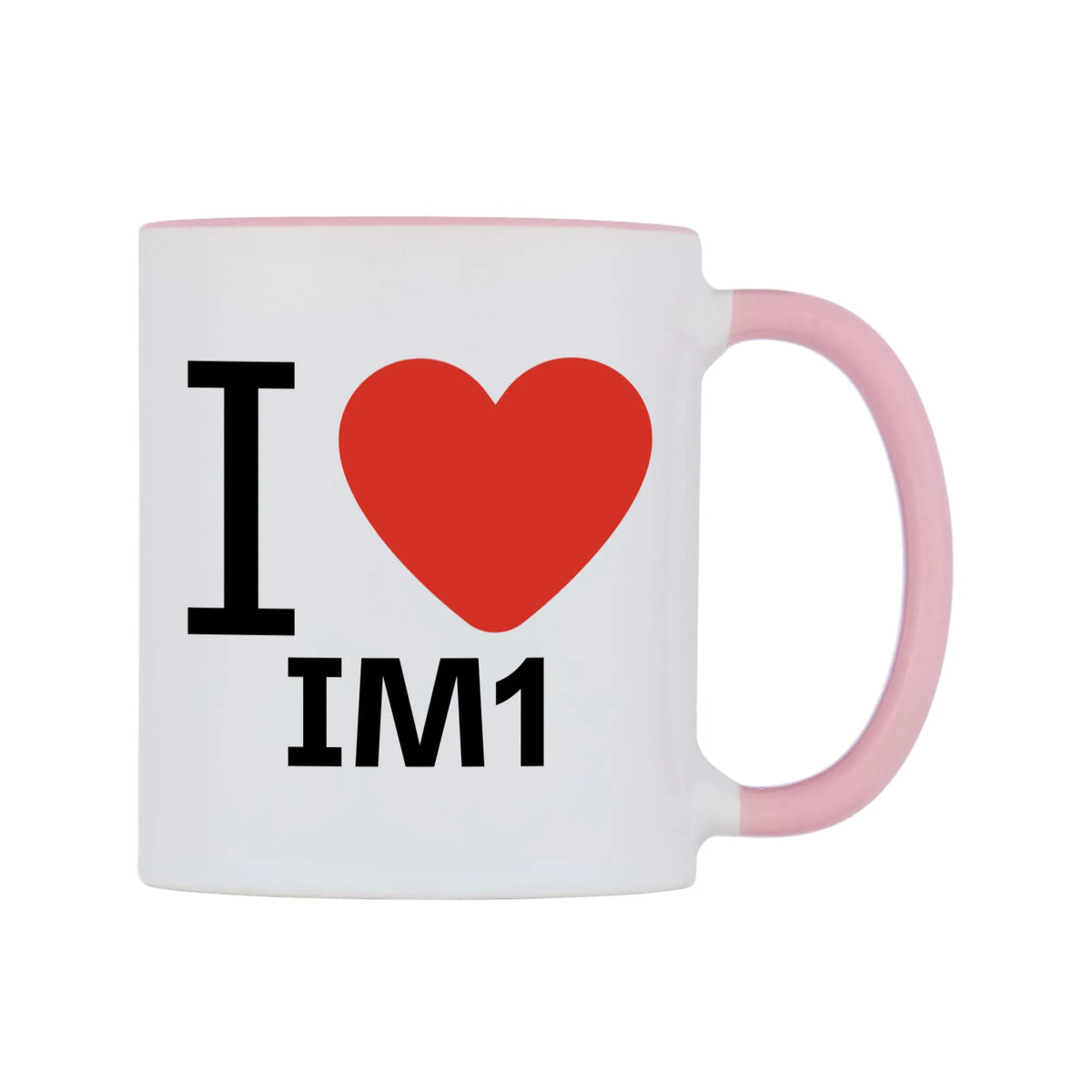 I Love IM1 Mug — white 11oz gloss mug with a pink inside and handle, left side, on a white background