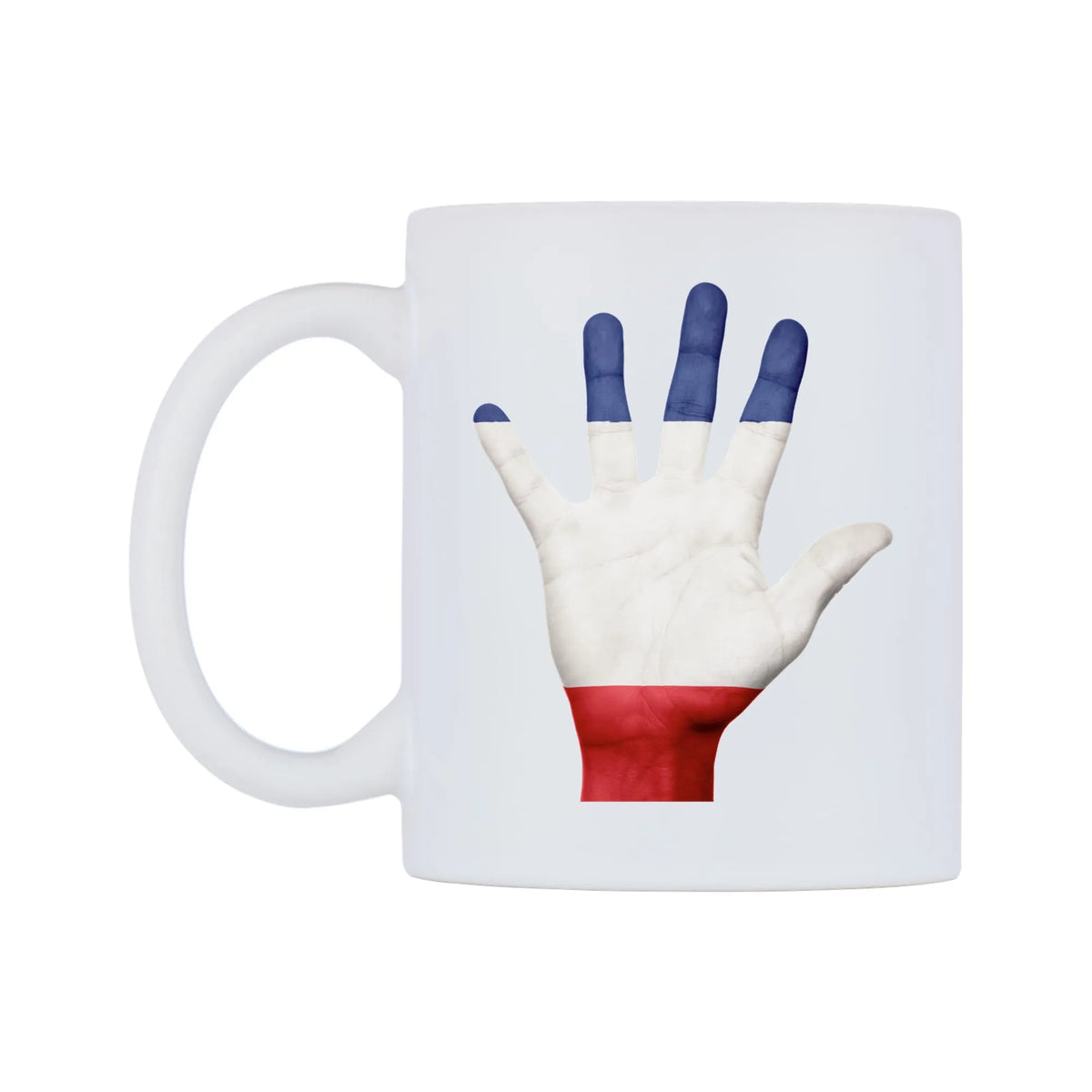 France Hand Flag Mug — white 11oz gloss mug, right side, on a white background